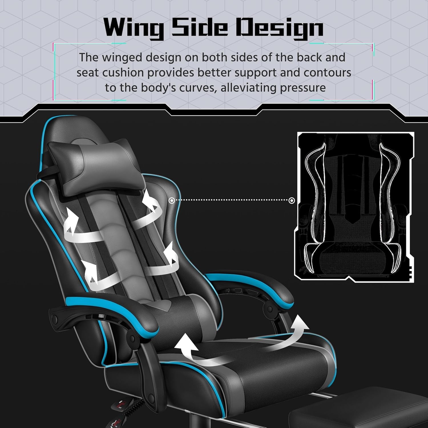Gaming Chair, Video Game Chair with Massage Lumbar Support and Footrest Height Adjustable Ergonomic Computer Chair with Swivel Seat and Headrest, Black/Gray