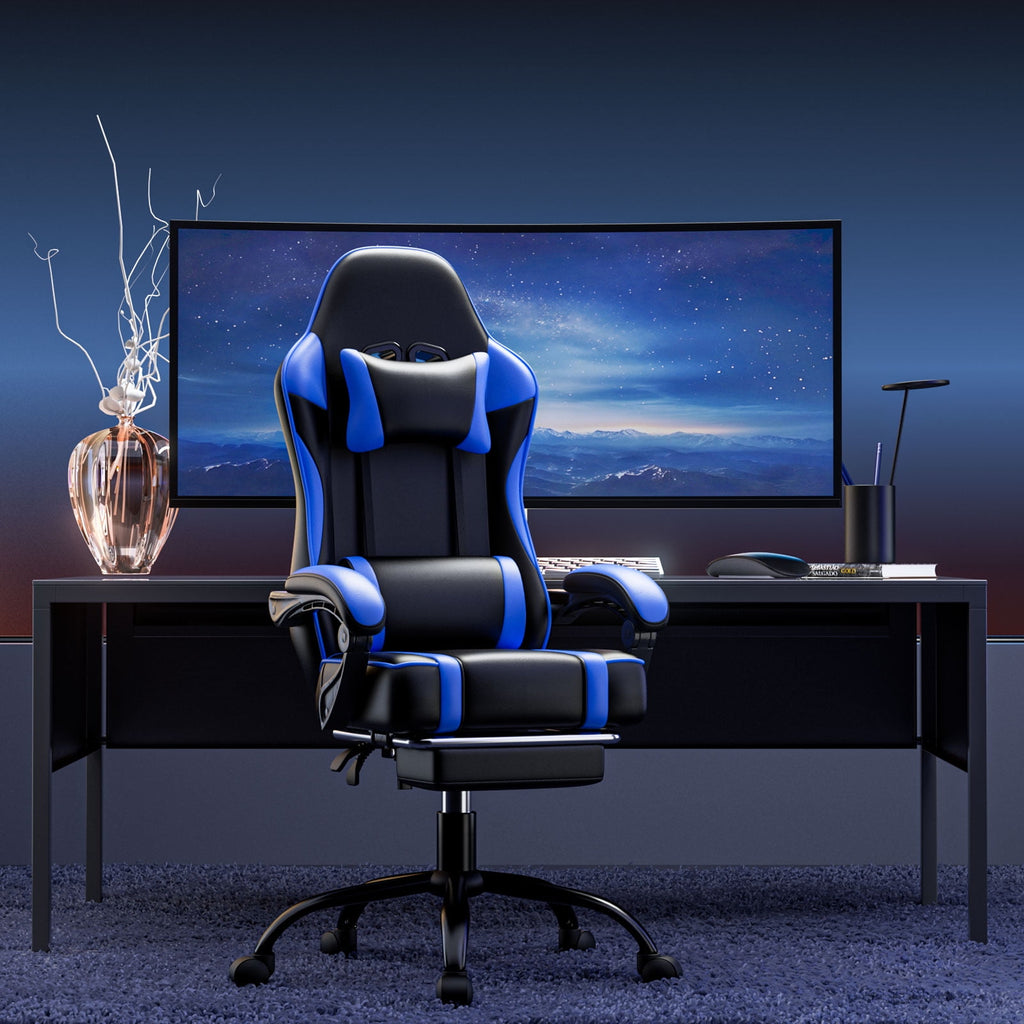 Reclining Gaming Chair with Lumbar Support and Footrest, Blue