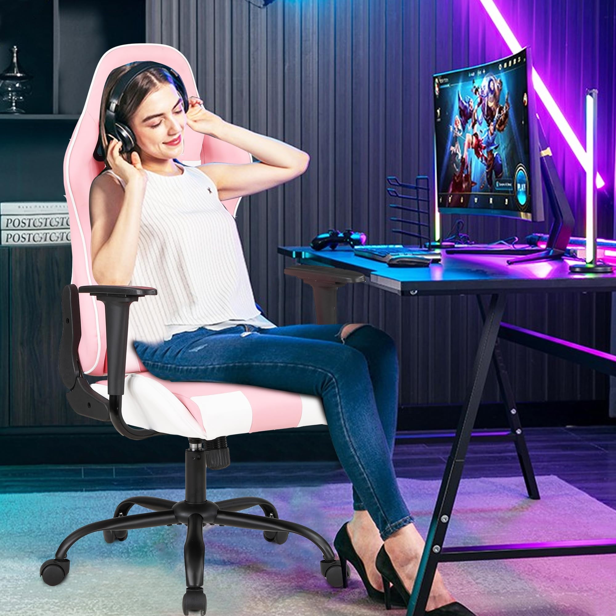 PayLessHere Gaming Chair - Ergonomic w/Lumbar Support & Headrest，Rolling Swivel for PC Gamer (Pink)