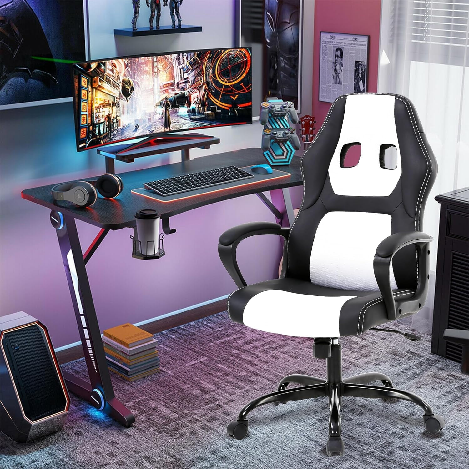 White Massage Gaming Chair for , Ergonomic Office Chair Computer Chair with Adjustable High Back & Armrest, Leather Gamer Chair with 360°Swivel, Heavy Duty Gaming Chairs for Adults, Teens
