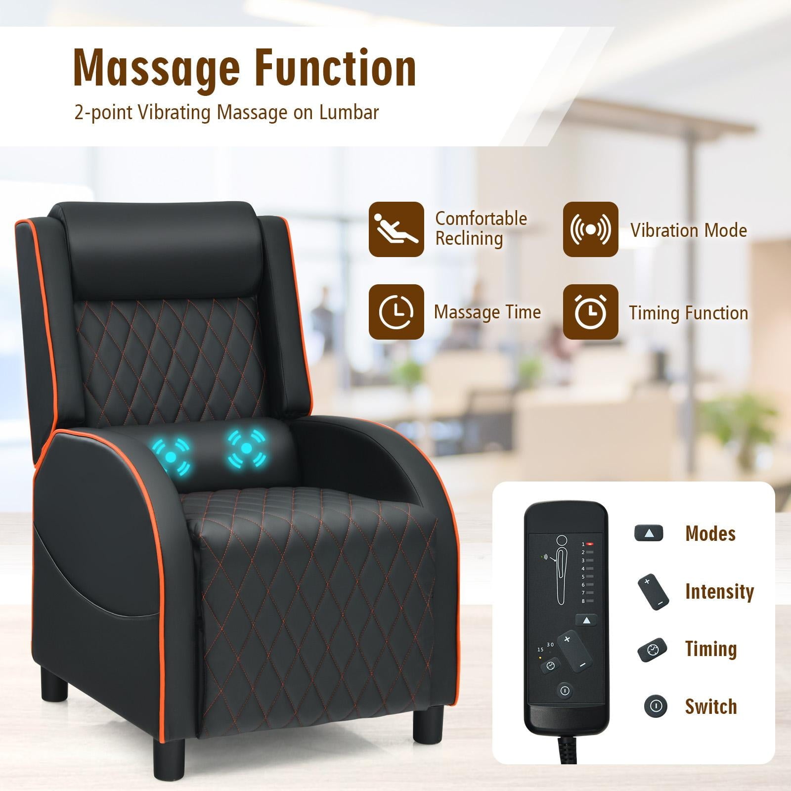Giantex Massage Gaming Recliner Chair, PU Ergonomic Single Sofa w/Headrest, Lumbar Support, Racing Style, Reclining Home Theater Seating, Orange
