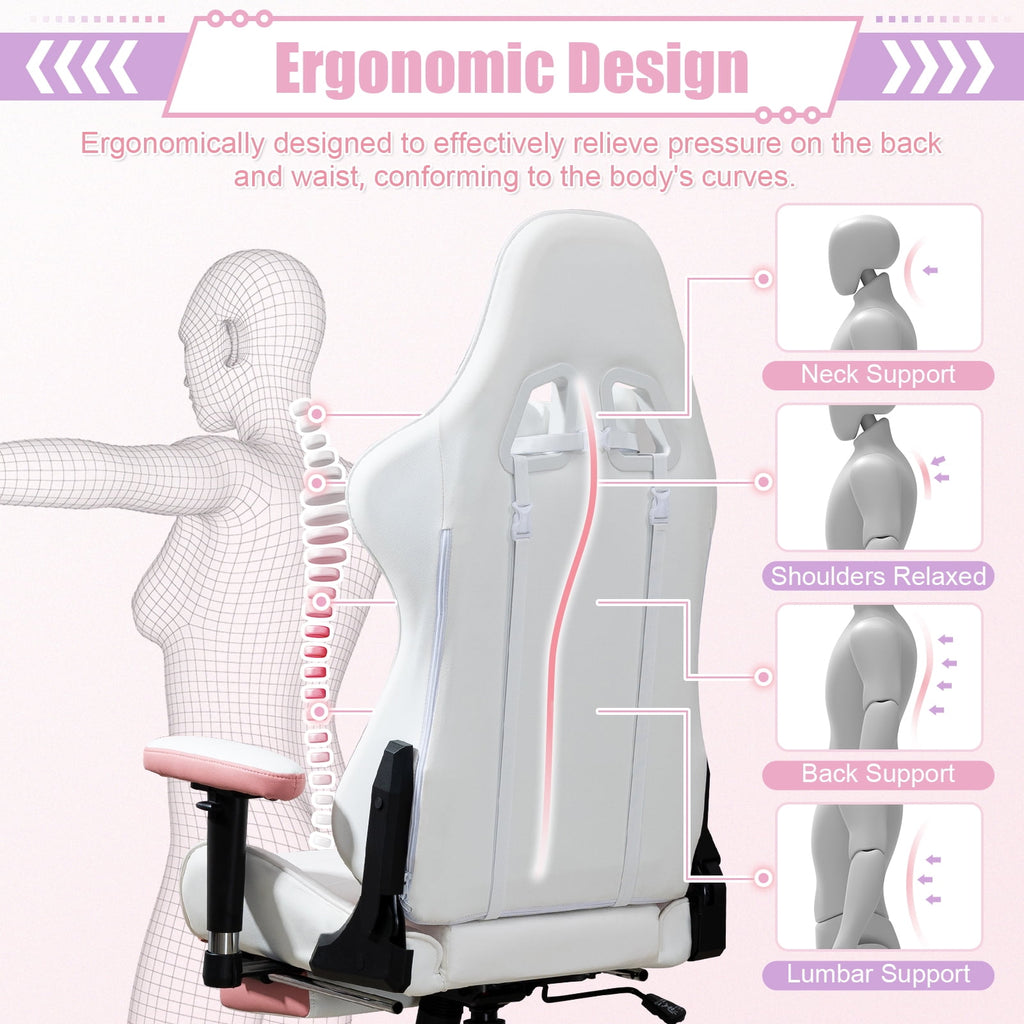 AVAWING Adult Gaming Chair, Ergonomic Leather Gaming Chair with Footrest, Lumbar Support and Headrest, Pink-White