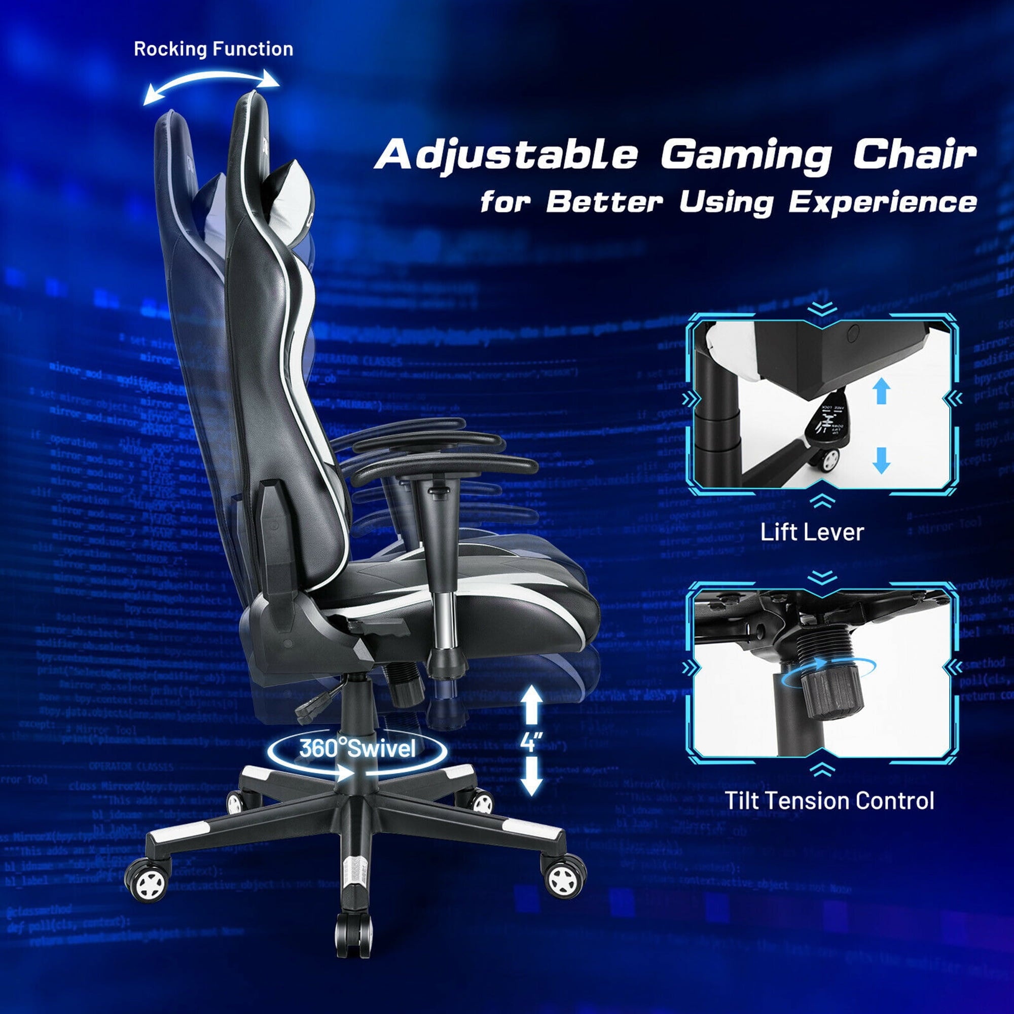 Gymax Gaming Chair Adjustable Swivel Racing Style Computer Office Chair White