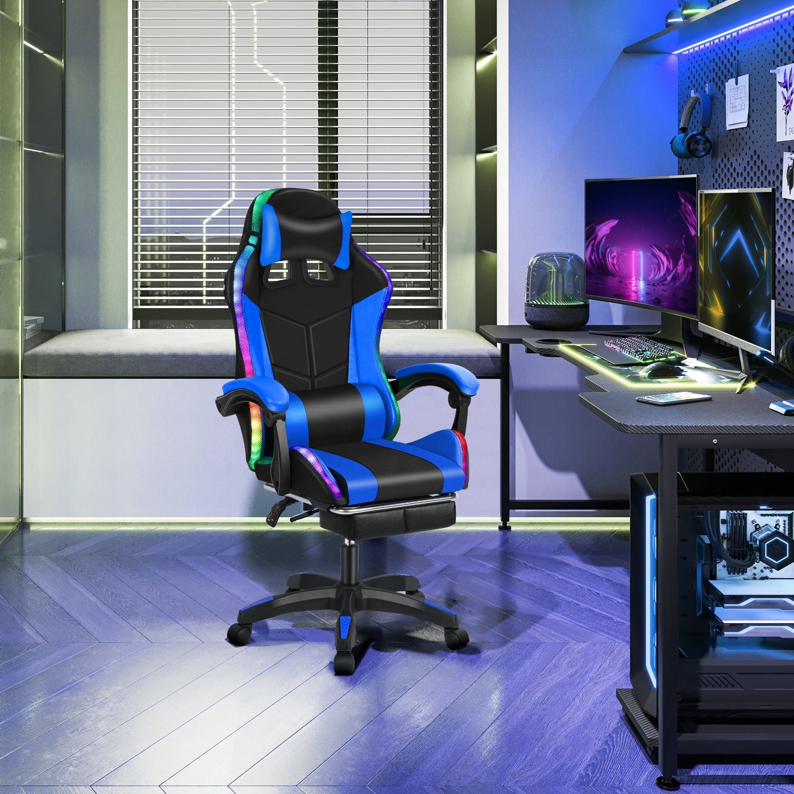 bestolf Gaming Chair with Footrest and RGB LED Lights,3 in 1, Massage Leather Game Chair for Adults, Big and Tall Video Game Chair with Headrest and Lumbar Support