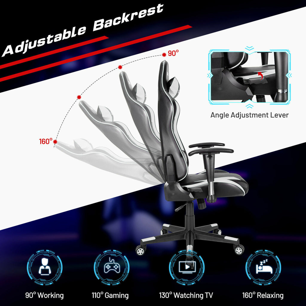 Gymax Gaming Chair Adjustable Swivel Racing Style Computer Office Chair White