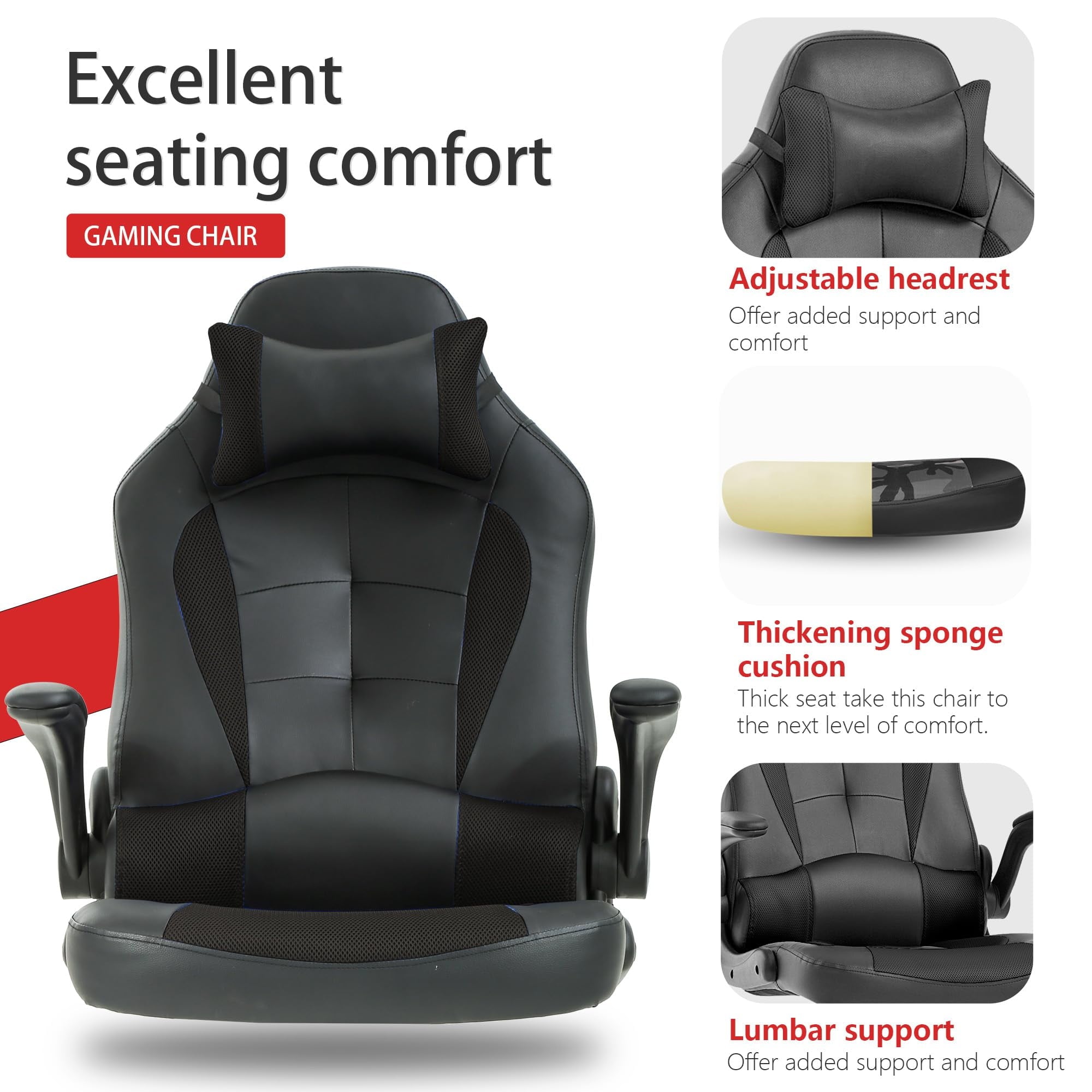 PayLessHere Gaming Chair With Lumbar Support, Adjustable Headrest Office Chair For Adults, Black
