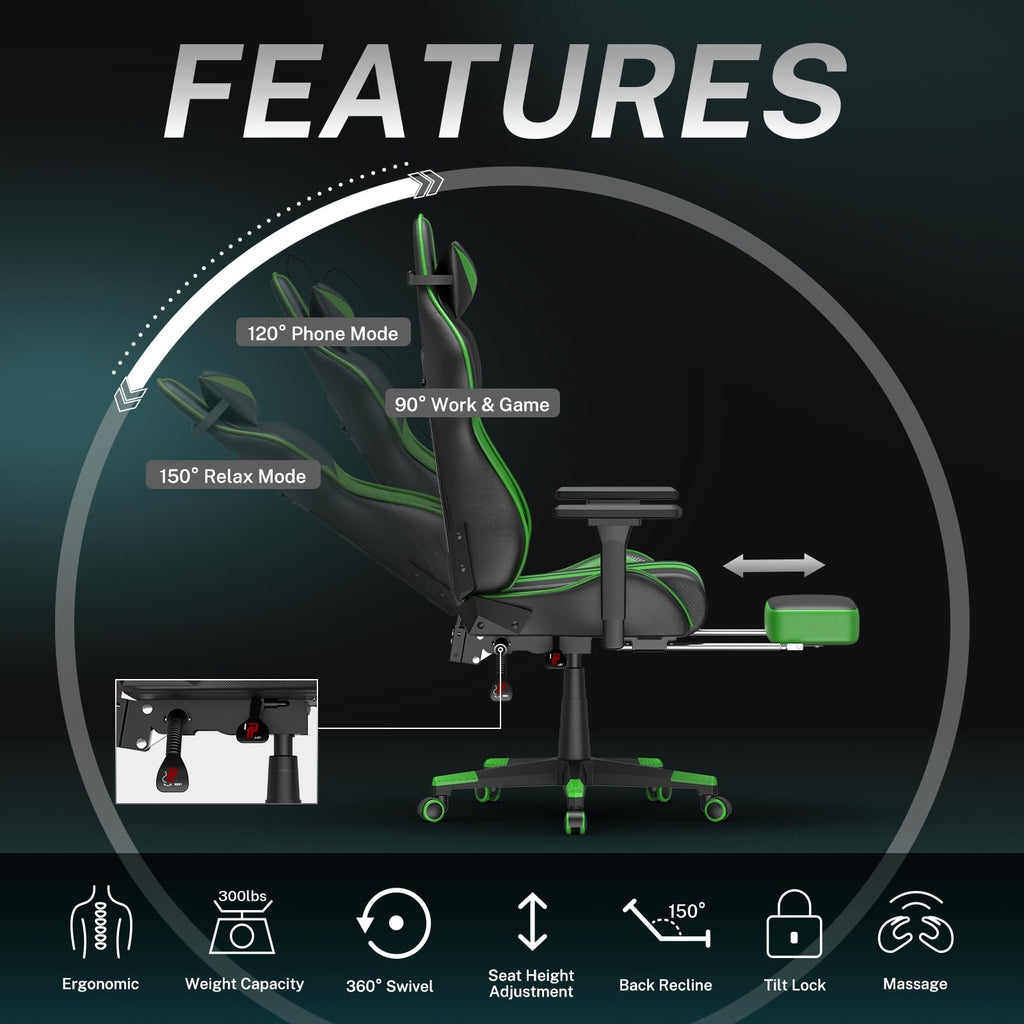 Gaming Chair with Footrest, Leather Ergonomic Gaming Chairs for Adults with Massage Lumbar Support & Headrest for Office Work, Comfortable Computer Chair, Green