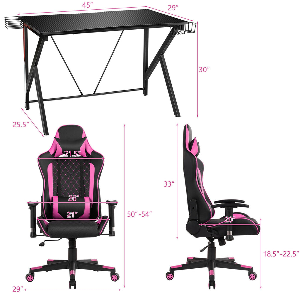 Gymax Gaming Desk&Massage Gaming Chair Set w/Headphone Hook & Game Storage Pink