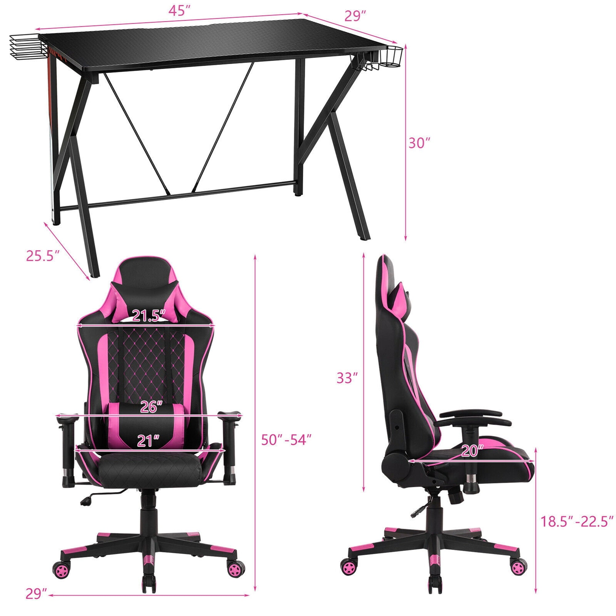 Gymax Gaming Desk&Massage Gaming Chair Set w/Headphone Hook & Game Storage Pink