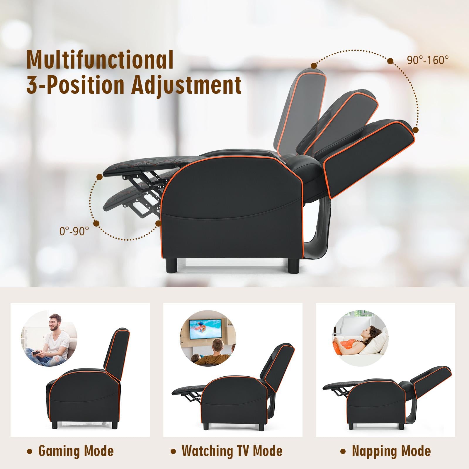 Giantex Massage Gaming Recliner Chair, PU Ergonomic Single Sofa w/Headrest, Lumbar Support, Racing Style, Reclining Home Theater Seating, Orange