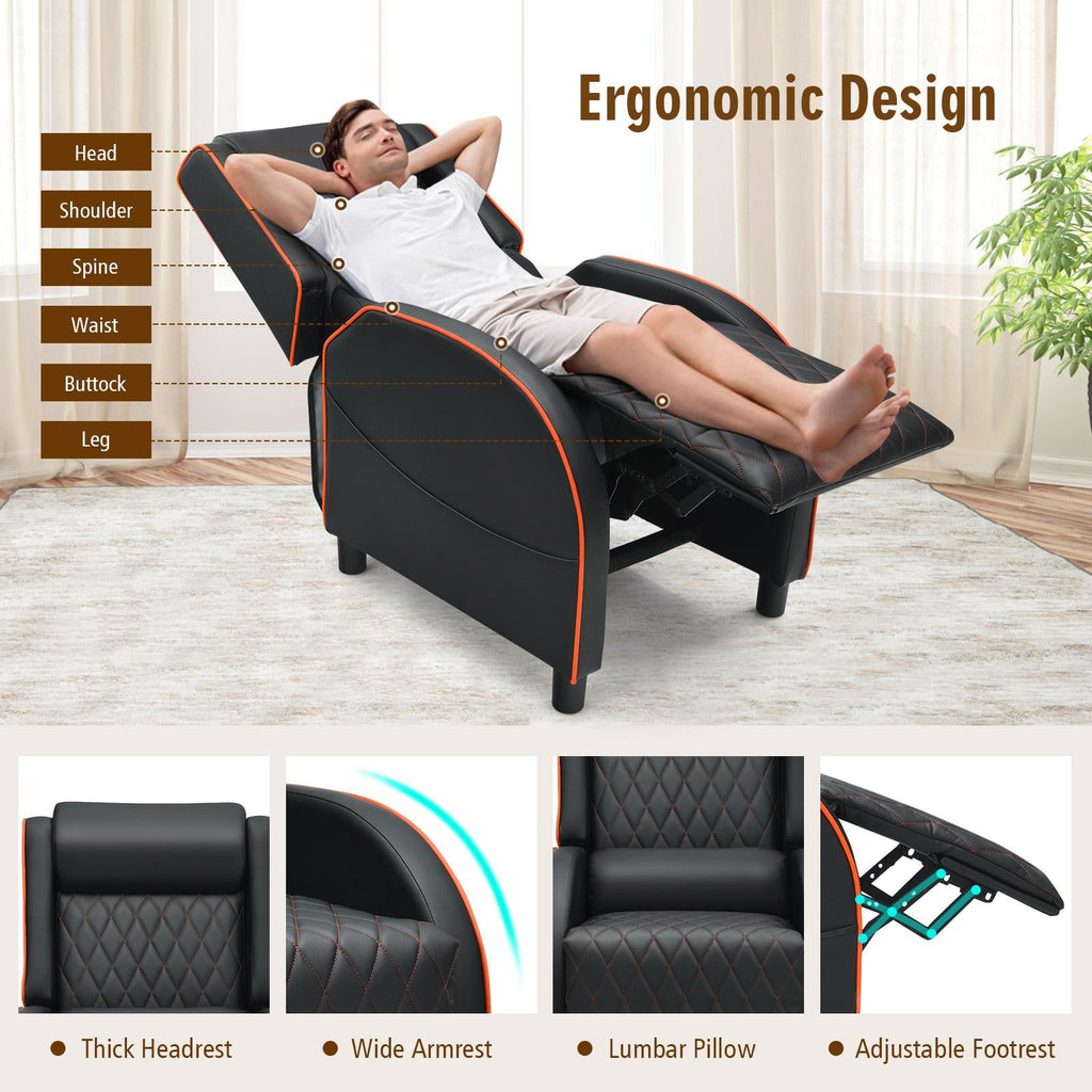 Giantex Massage Gaming Recliner Chair, PU Ergonomic Single Sofa w/Headrest, Lumbar Support, Racing Style, Reclining Home Theater Seating, Orange