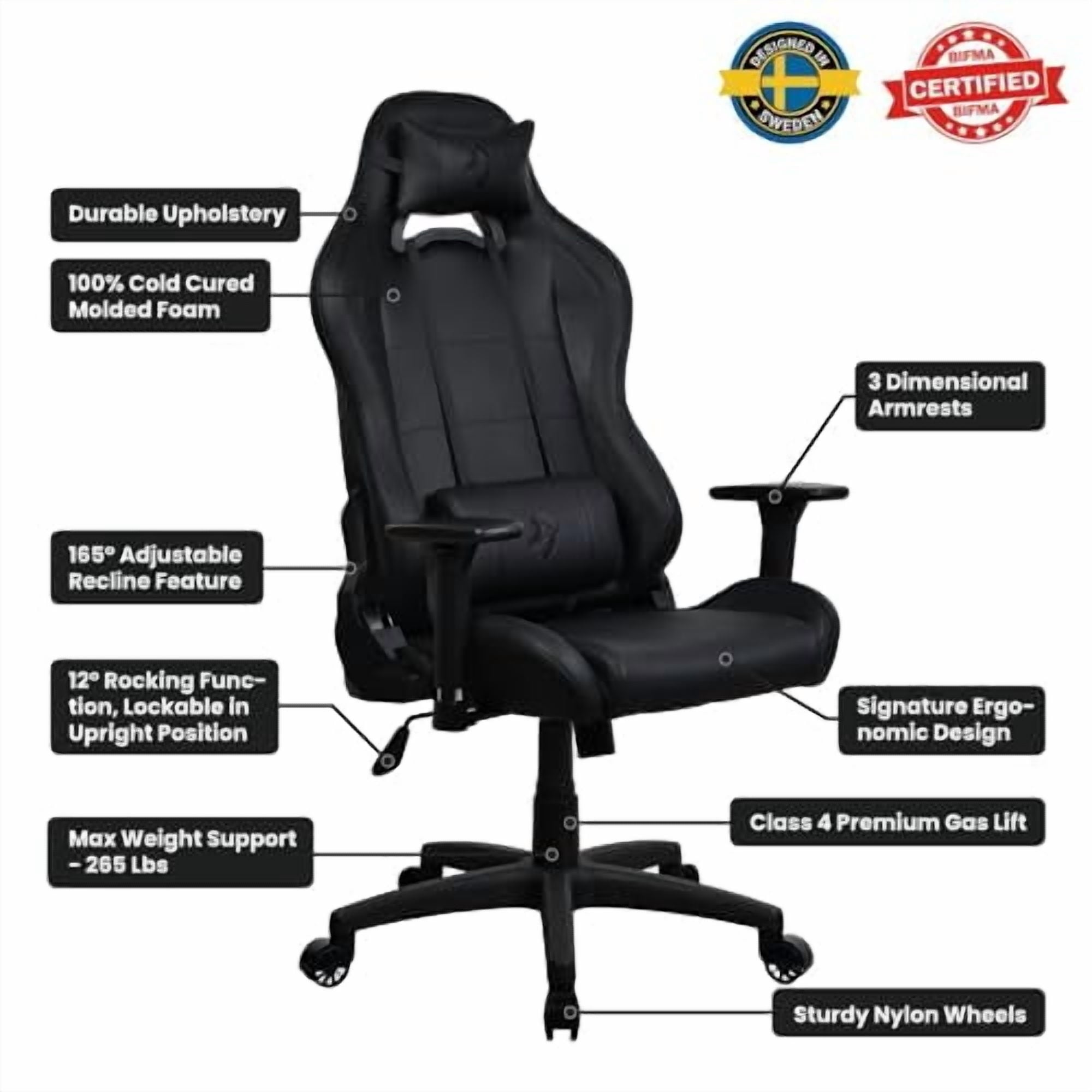 Arozzi Torretta Soft PU Leather Material Gaming Chair, Durable Ergonomic Office Chair with Adjustable Height, 3D Armrest & 2 Supportive Pillows (Pure Black)