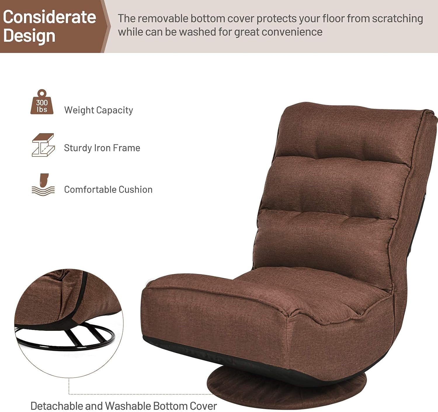 Killeryuki 360 Degree Swivel Gaming Chair, 6 Position Adjustable Folding Floor Chair, 300lb Spring Support, Comfortable Padded Backrest, Lazy Sofa Chair Game Rocker for Teens Adults (Coffee)