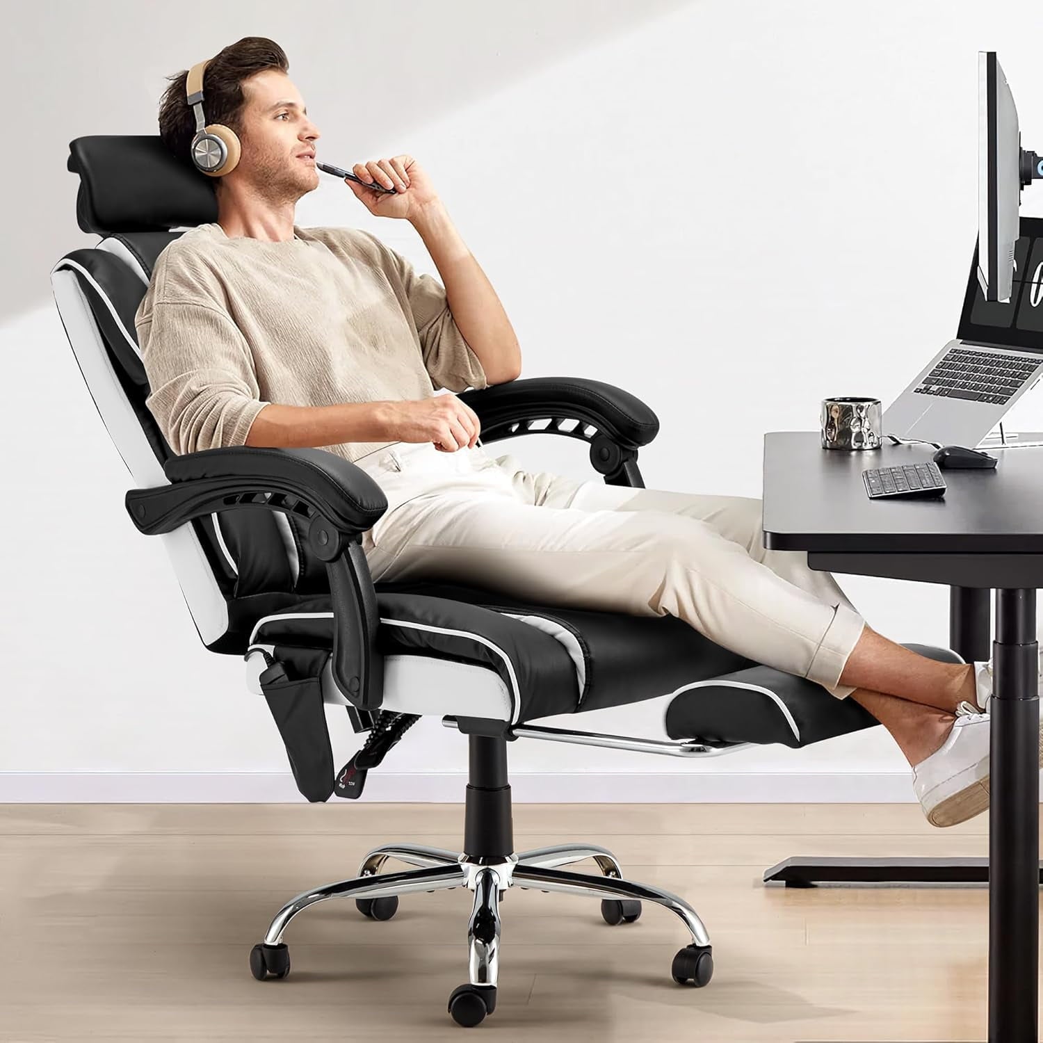 HOMREST 6-Point Massage Office Chair with Footrest, Heated Executive Office Chair with Reclining Backrest, Ergonomic Gaming Chair with Padded Armrest, Black