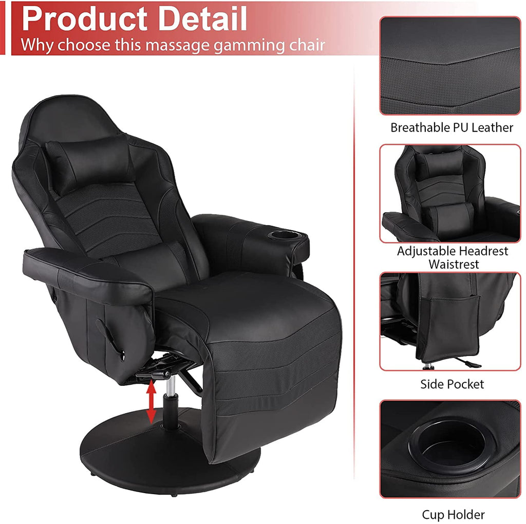 LVUYOYO Massage Video Gaming Recliner Chair Ergonomic Backrest & Seat Height Adjustment Swivel Recliner PU Leather High Back Computer Office Chair with Cupholder, Headrest, Lumbar Support, Footrest