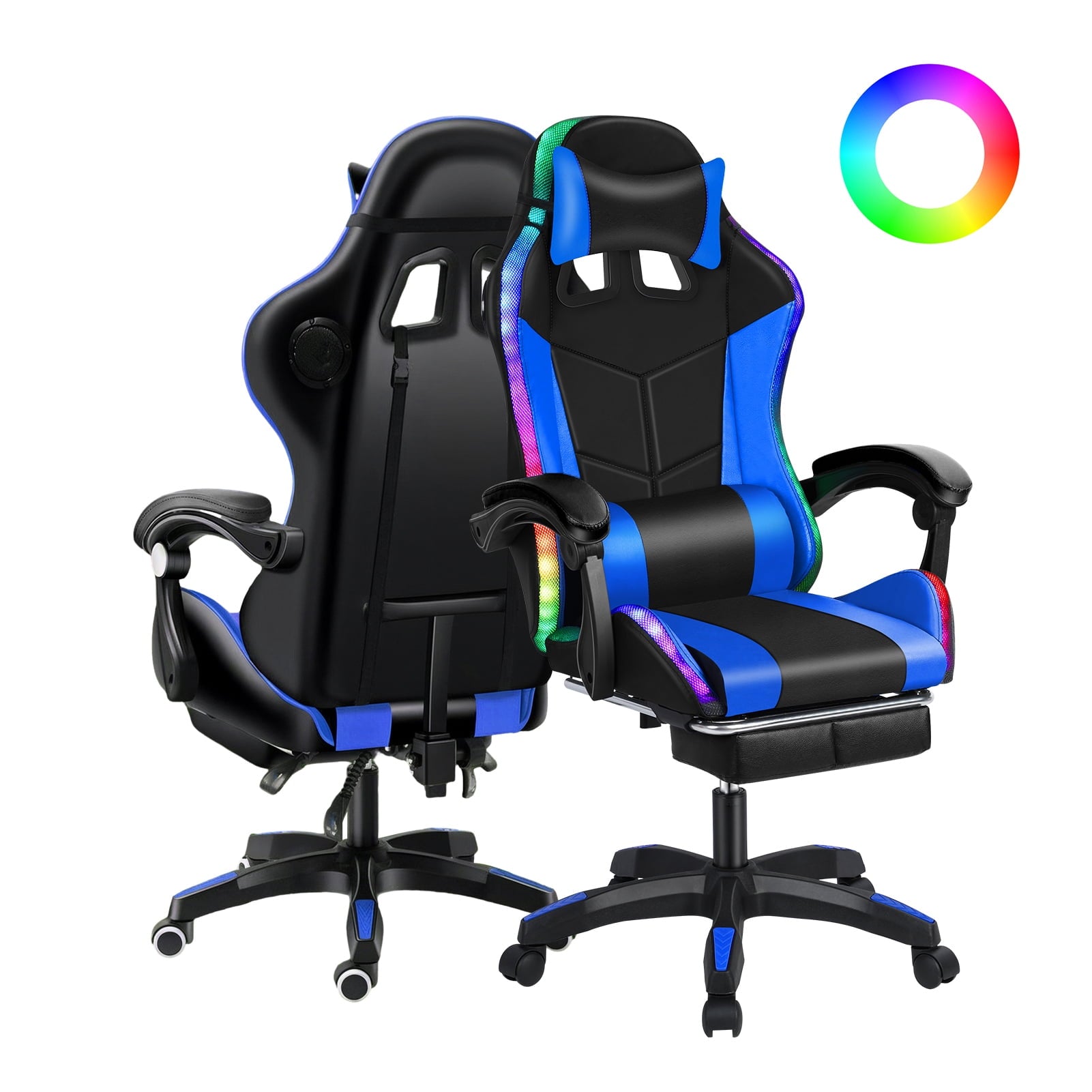 Gaming Chair with Bluetooth Speakers and LED Lights Ergonomic Massage Video Game Chair with Footrest High Back with Lumbar Support Blue and Black