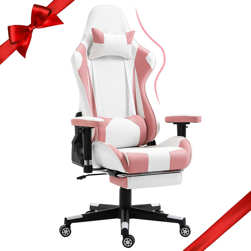 AVAWING Adult Gaming Chair, Ergonomic Leather Gaming Chair with Footrest, Lumbar Support and Headrest, Pink-White