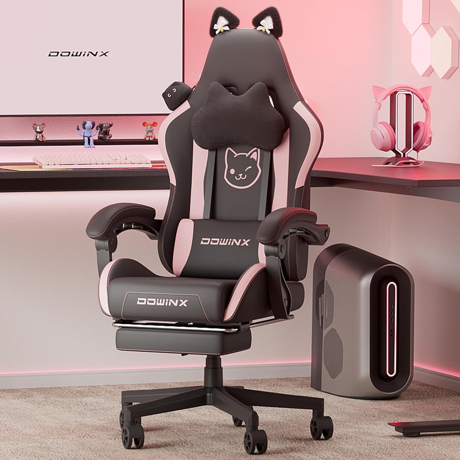 Dowinx Gaming Chair Cute with Cat Ears and Massage Lumbar Support, Ergonomic Computer Chair for Girl with Footrest and Headrest, Comfortable Reclining Game Chair 290lbs for Adult, Teen, Blue Green