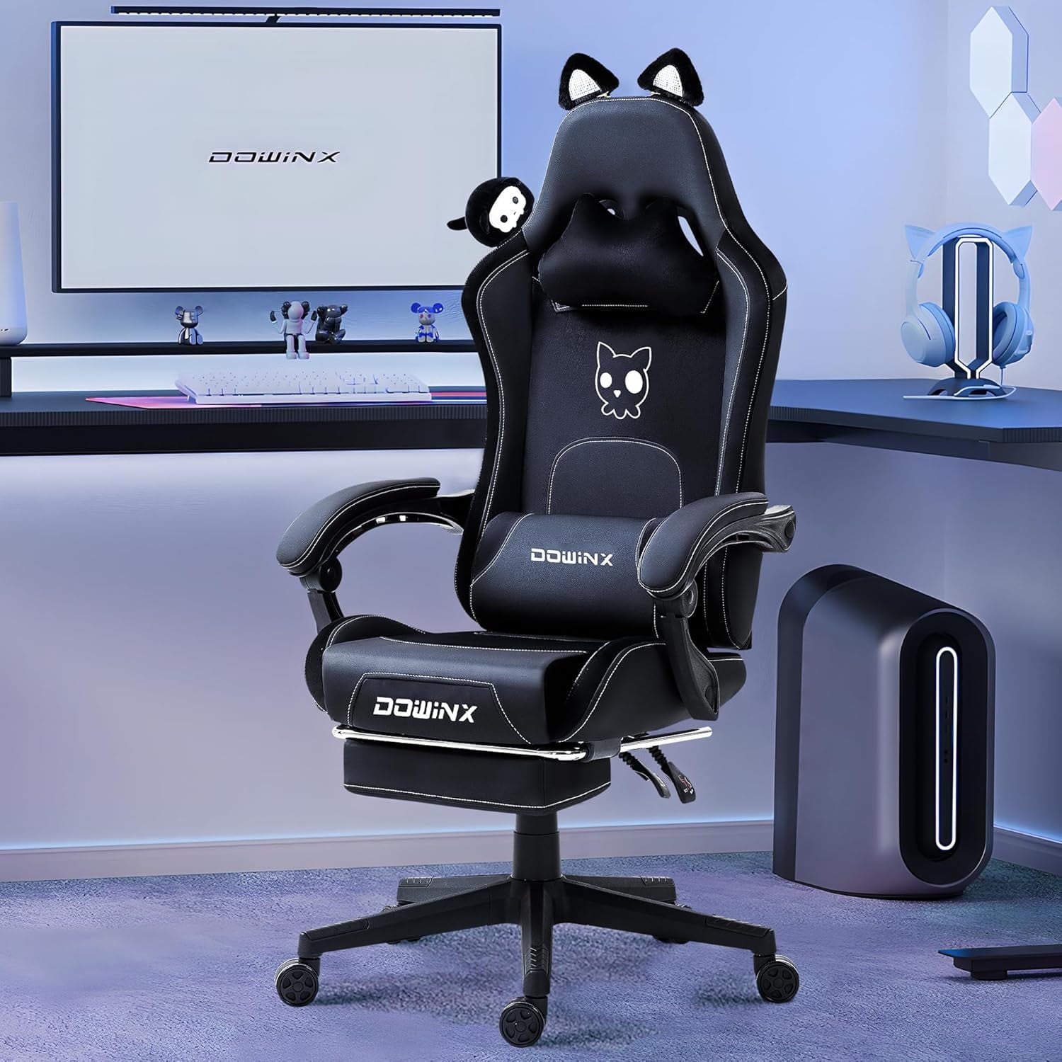 Dowinx Gaming Chair Cute with Cat Ears and Massage Lumbar Support, Ergonomic Computer Chair for Girl with Footrest and Headrest, Comfortable Reclining Game Chair 290lbs for Adult, Teen, Blue Green