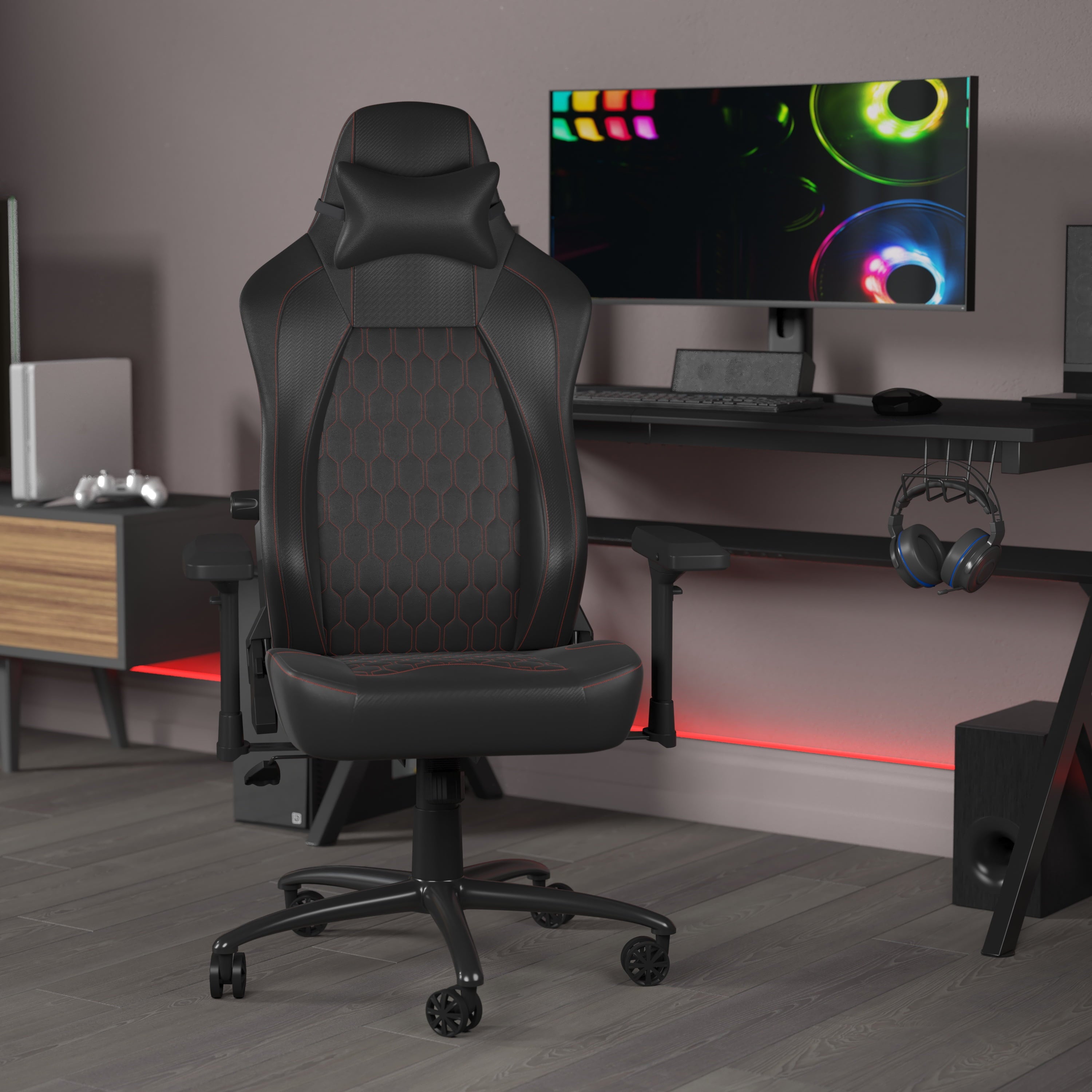 EMMA + OLIVER Gaming Chair with Adjustable Lumbar Support and Head Pillow, Black/Red