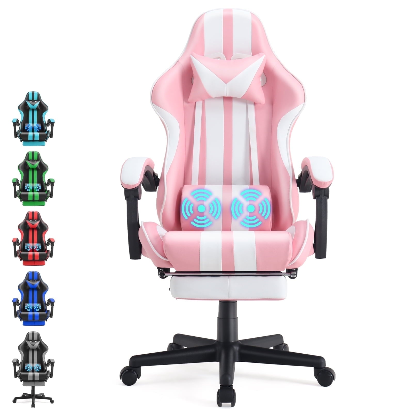 SOONTRANS Gaming Chair Office Chair with Footrest, Ergonomic Massage Chair with Lumbar Pillow, Headrest for Adults Teens, Pink