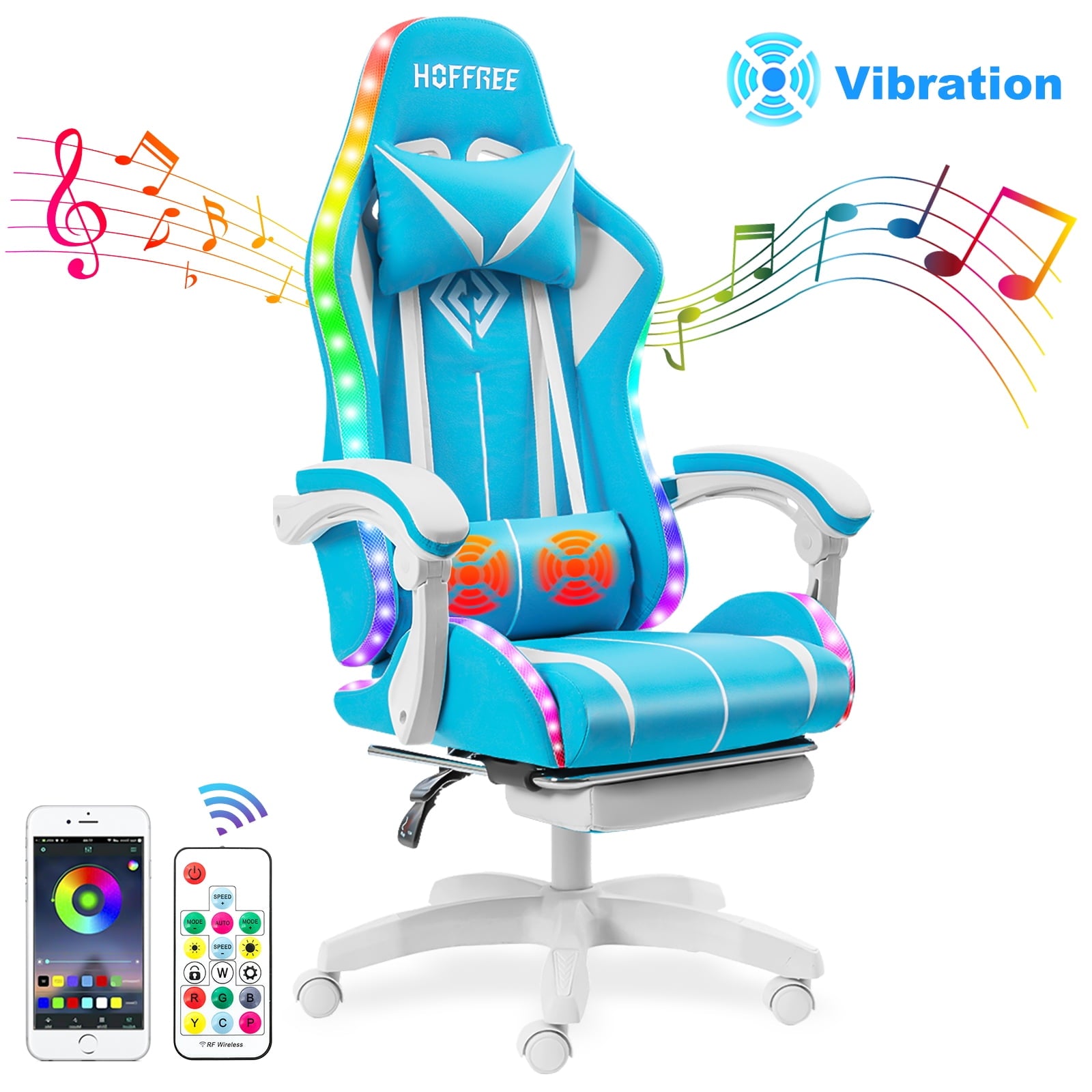 Gaming Chair with Bluetooth Speaker, Ergonomic Massage Racing Chair with RGB Lights, Footrest and Lumbar Support, High Back Office Chair,  Heavy Duty Design Gaming Computer Chair