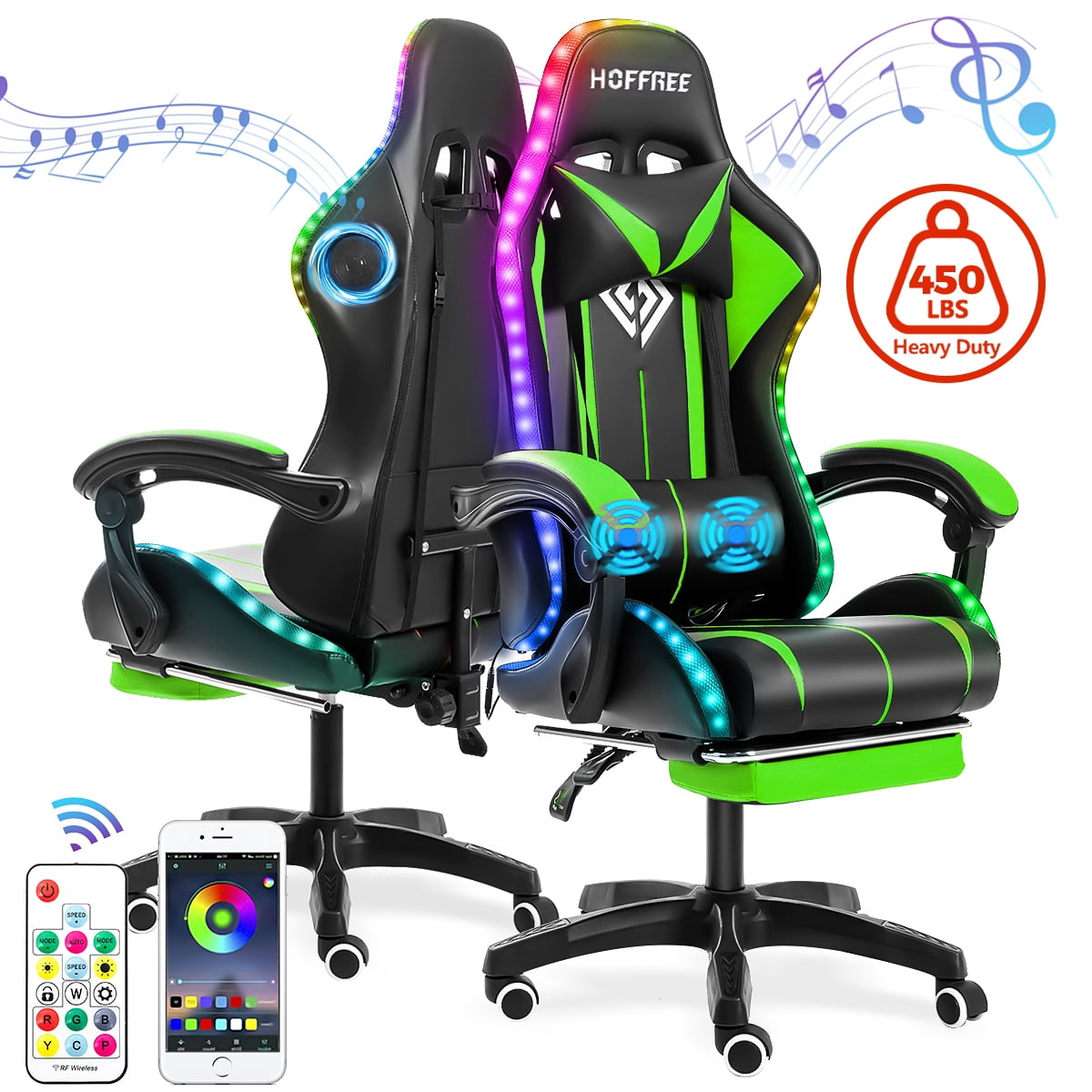 Gaming Chair with Bluetooth Speaker, Ergonomic Massage Racing Chair with RGB Lights, Footrest and Lumbar Support, High Back Office Chair,  Heavy Duty Design Gaming Computer Chair
