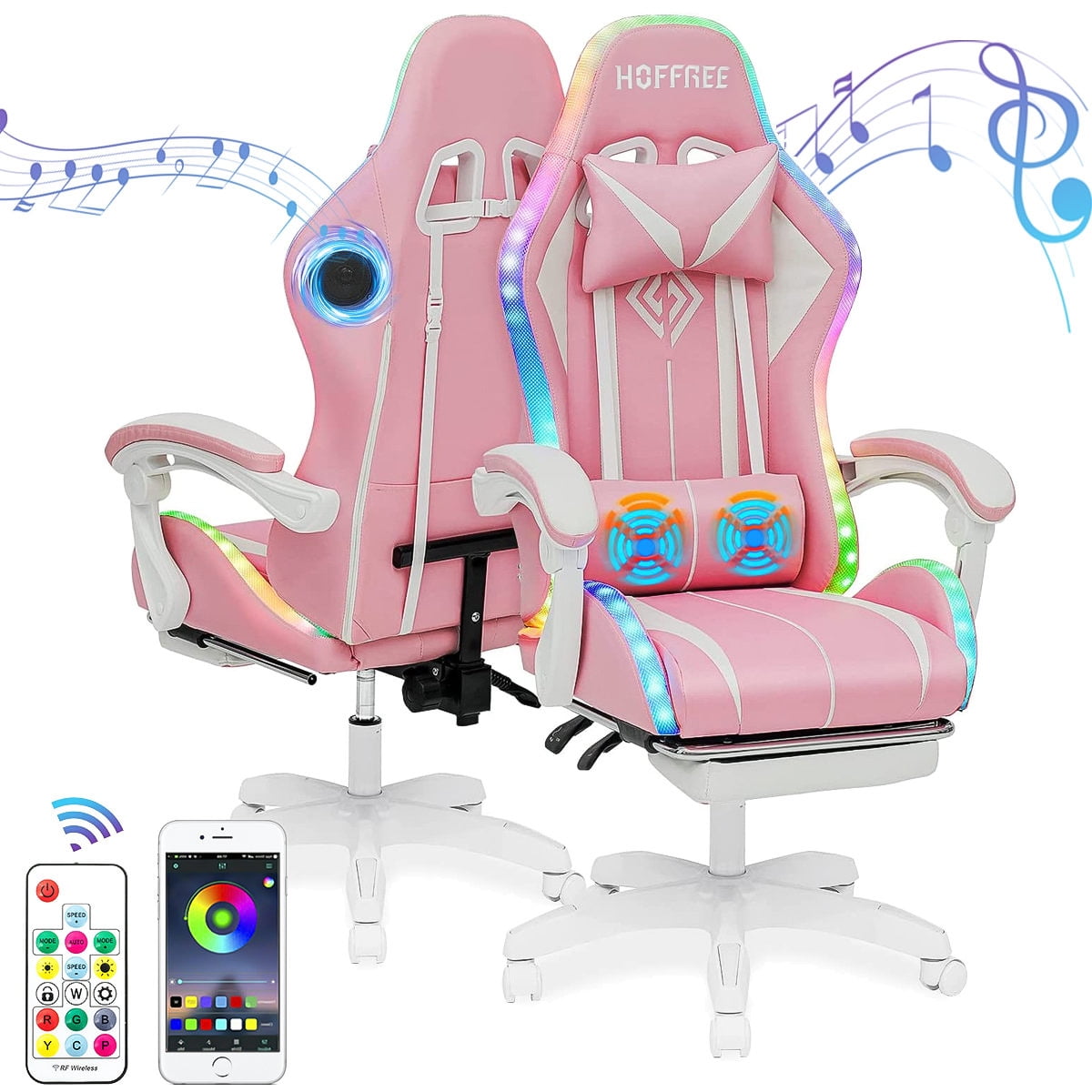 Gaming Chair with Bluetooth Speaker, Ergonomic Massage Racing Chair with RGB Lights, Footrest and Lumbar Support, High Back Office Chair,  Heavy Duty Design Gaming Computer Chair