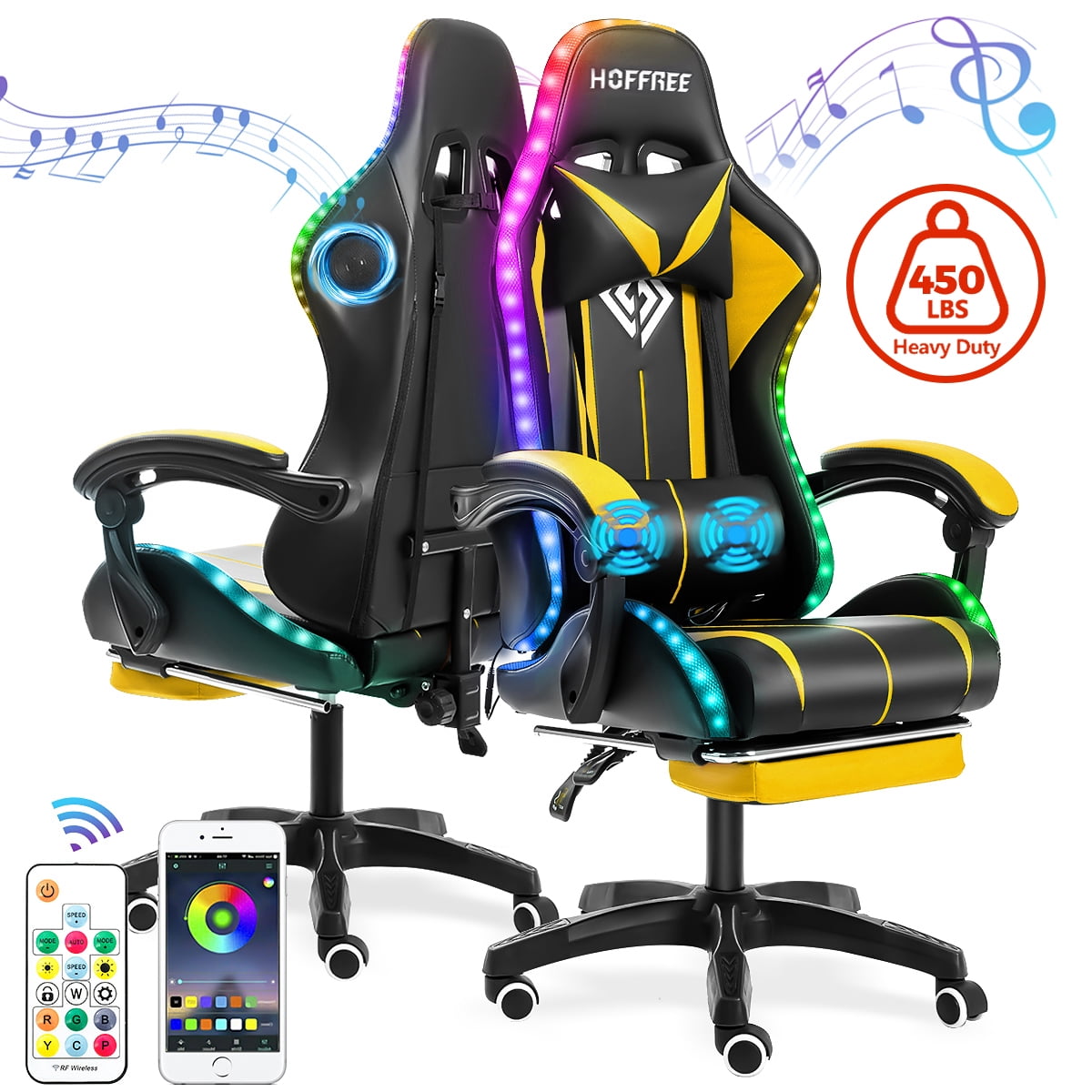 Gaming Chair with Bluetooth Speaker, Ergonomic Massage Racing Chair with RGB Lights, Footrest and Lumbar Support, High Back Office Chair,  Heavy Duty Design Gaming Computer Chair