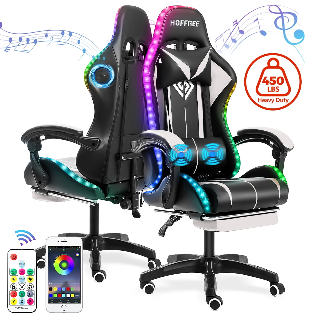 Gaming Chair with Bluetooth Speaker, Ergonomic Massage Racing Chair with RGB Lights, Footrest and Lumbar Support, High Back Office Chair,  Heavy Duty Design Gaming Computer Chair