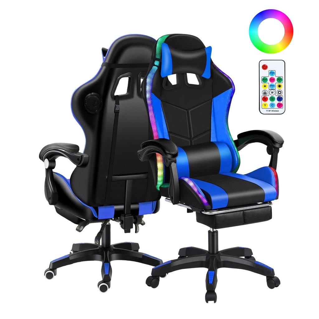Gaming Chair with Bluetooth Speakers and LED Lights Ergonomic Massage Video Game Chair with Footrest High Back with Lumbar Support Blue and Black