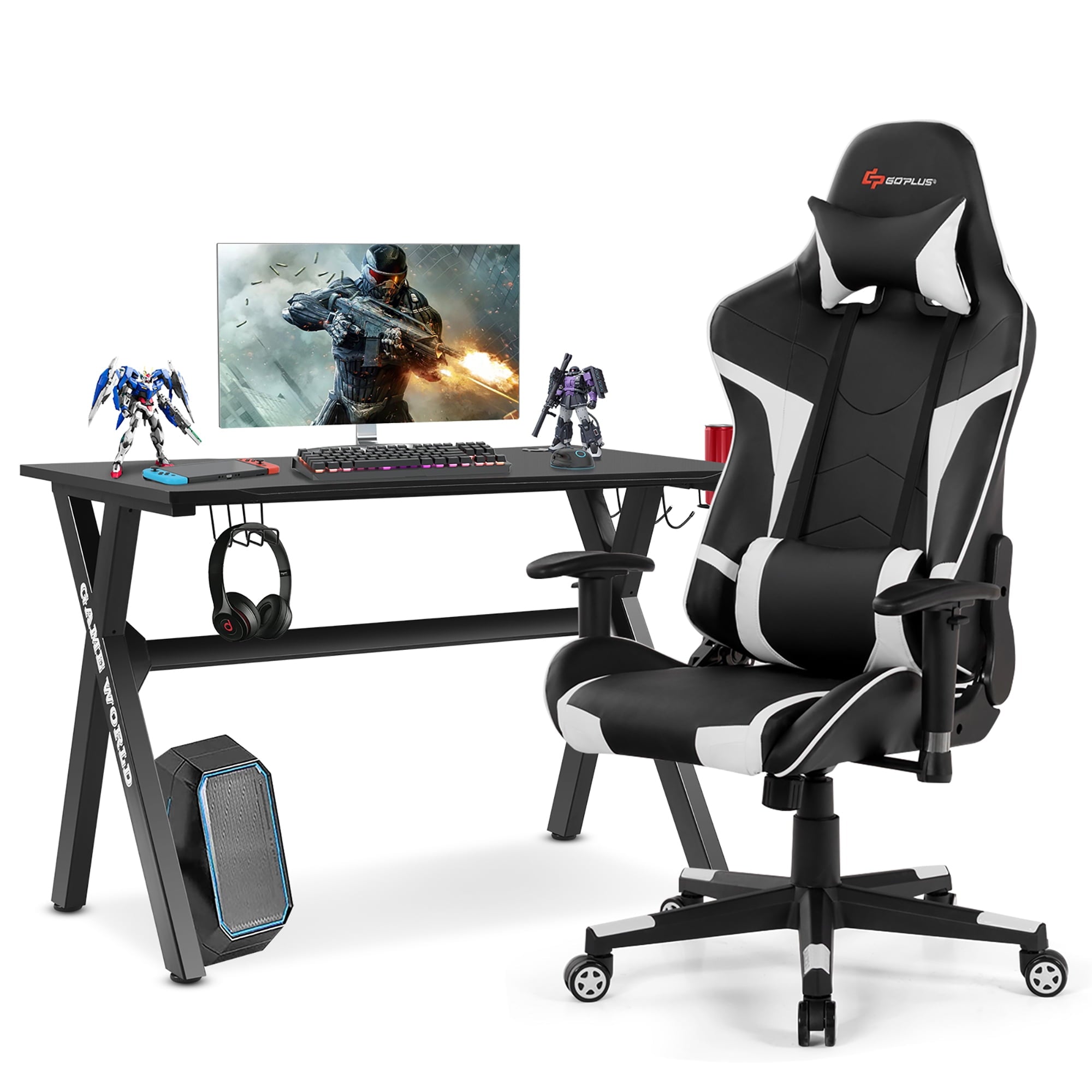 Goplus X-Shaped Gaming Desk & Racing Style Massage Chair Set Home Office Black+White