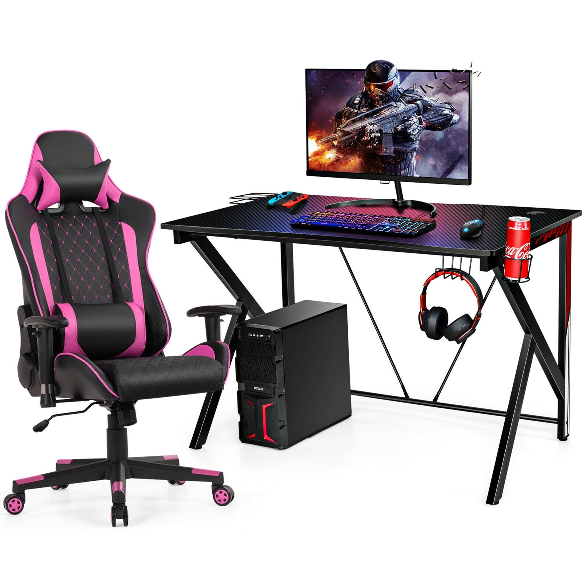 Gymax Gaming Desk&Massage Gaming Chair Set w/Headphone Hook & Game Storage Pink