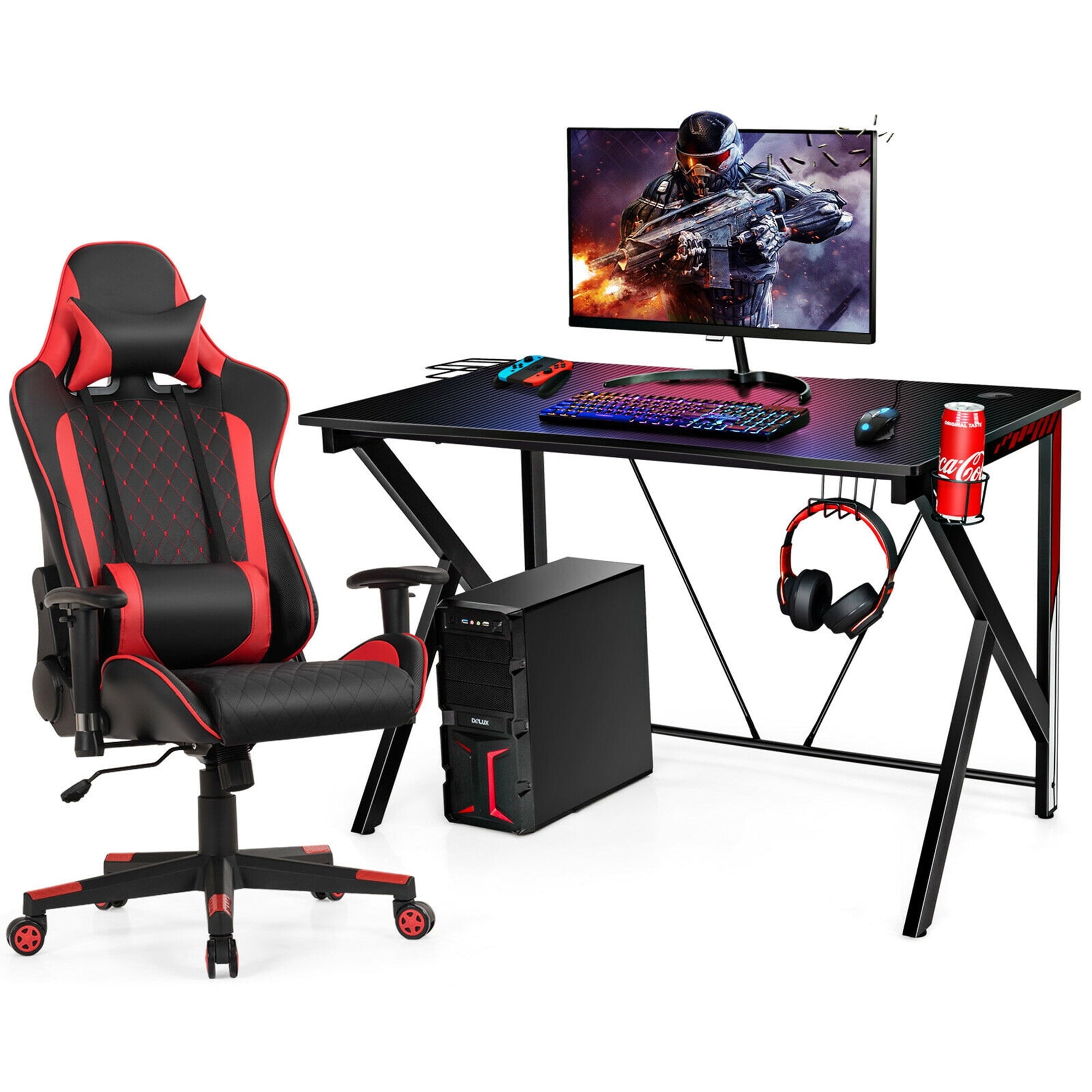 Gymax Gaming Desk&Massage Gaming Chair Set w/Headphone Hook & Game Storage Pink