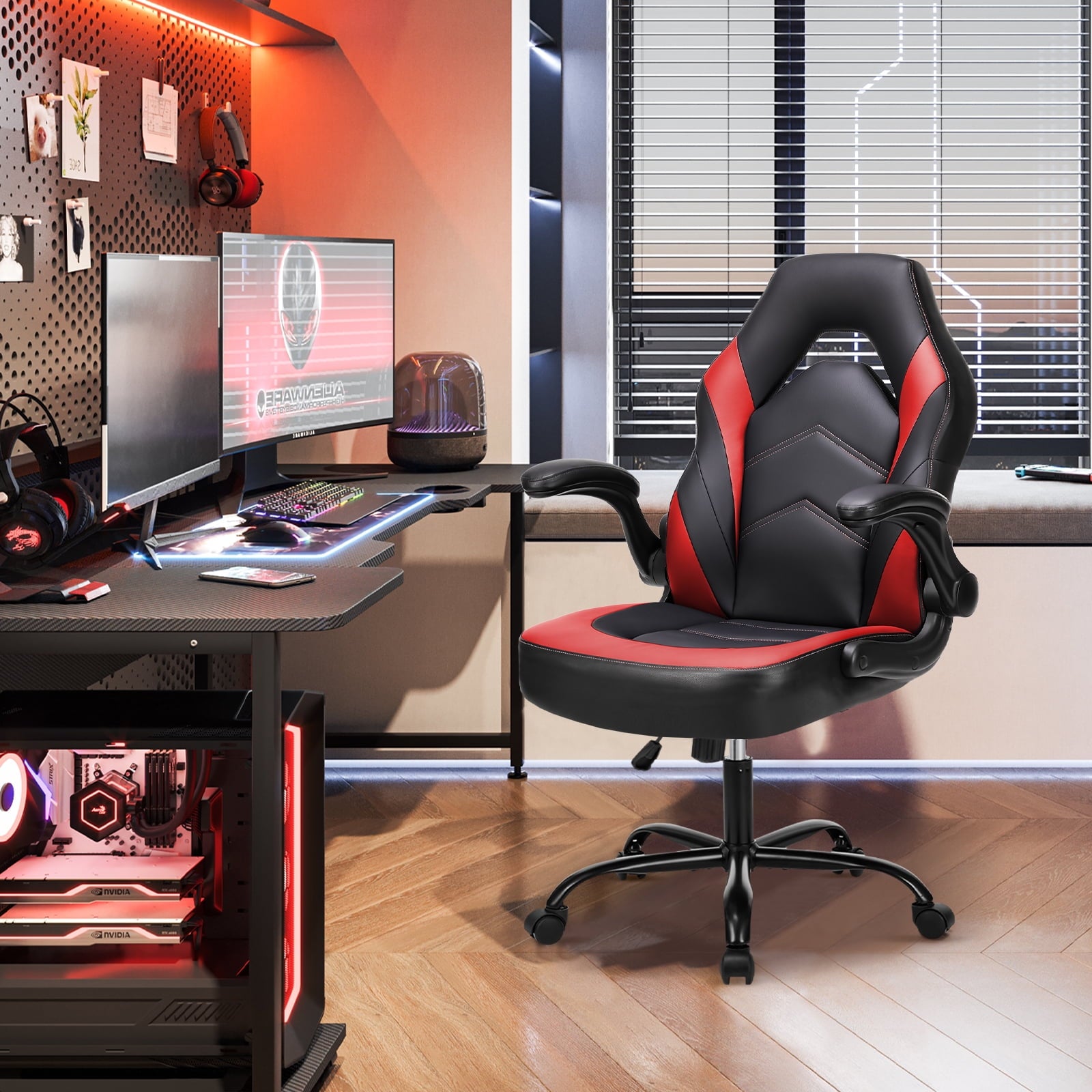 JOINSUN Gaming Chair PU Leather Office Chair Flip-up Soft Armrest Desk Chair Height Adjustable Computer Chair with Lumbar Support Swivel Chair, Black and Red