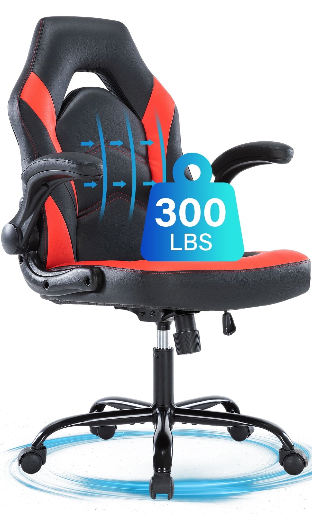 JONPONY Ergonomic Gaming Desk Chair - Adjustable PU Leather Swivel Racing Chair with Flip-up Armrests for Home Office and Entertainment, Perfect for Adults, Kids, and Gamers, Black Red