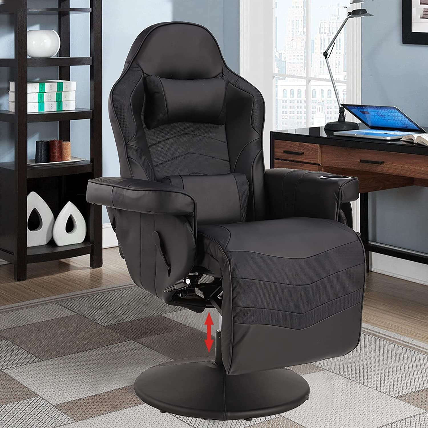 LVUYOYO Massage Video Gaming Recliner Chair Ergonomic Backrest & Seat Height Adjustment Swivel Recliner PU Leather High Back Computer Office Chair with Cupholder, Headrest, Lumbar Support, Footrest
