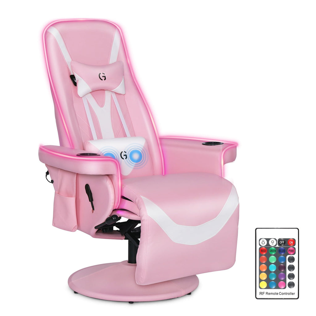 Queen Throne Racing Gaming Chair with Footrest and Adjustable Backrest Ergonomic Recliner High Back Swivel Chair with RGB LED Lights, Massage Lumbar Support, Headrest and Cupholders, Pink White