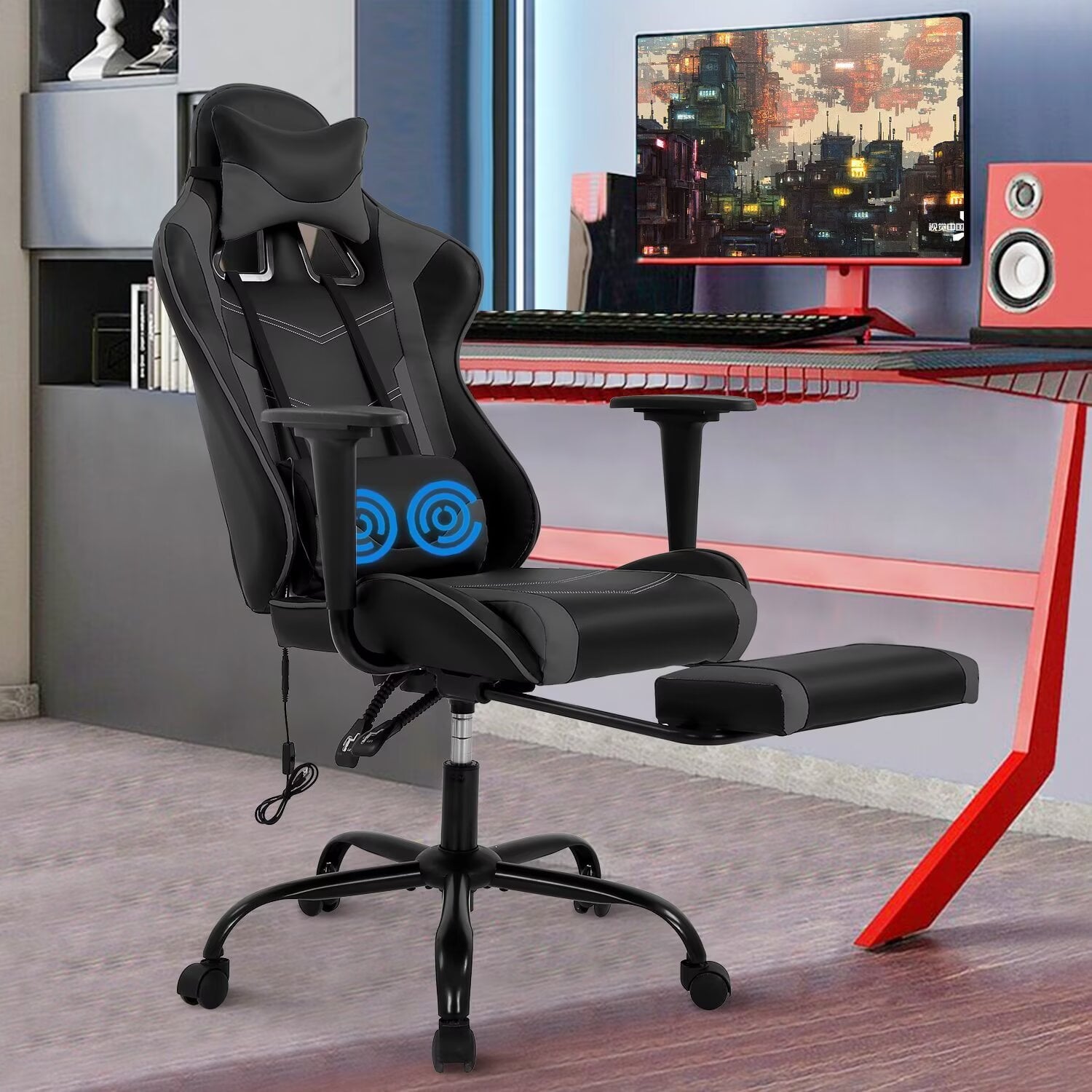 YRLLENSDAN Adjustable Office Chair with Lumbar Support, Reclining Gaming Chair with Massager, Ergonomic High Back Computer Chair with Footrest and Lumbar Support, White