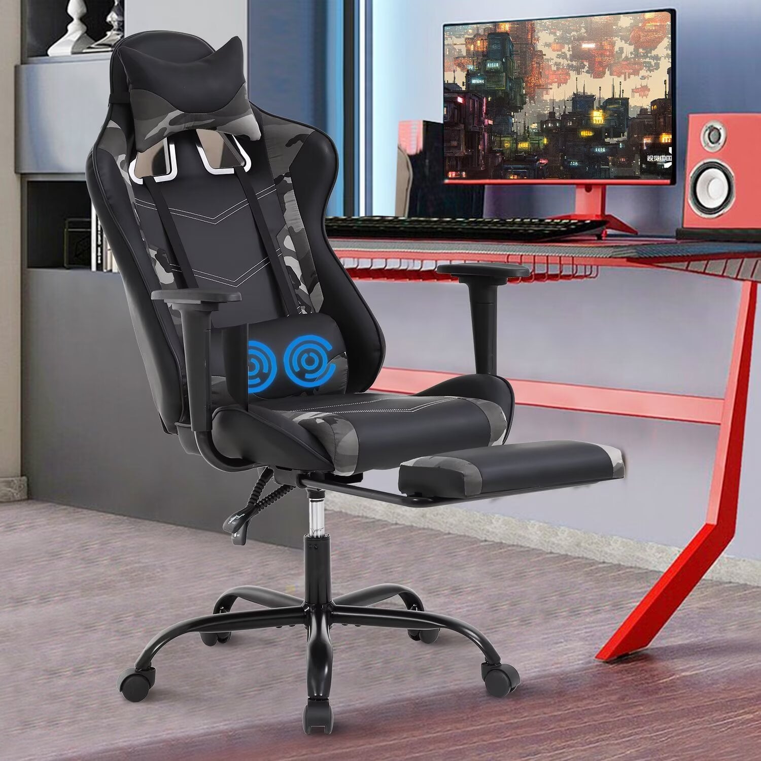 YRLLENSDAN Adjustable Office Chair with Lumbar Support, Reclining Gaming Chair with Massager, Ergonomic High Back Computer Chair with Footrest and Lumbar Support, White