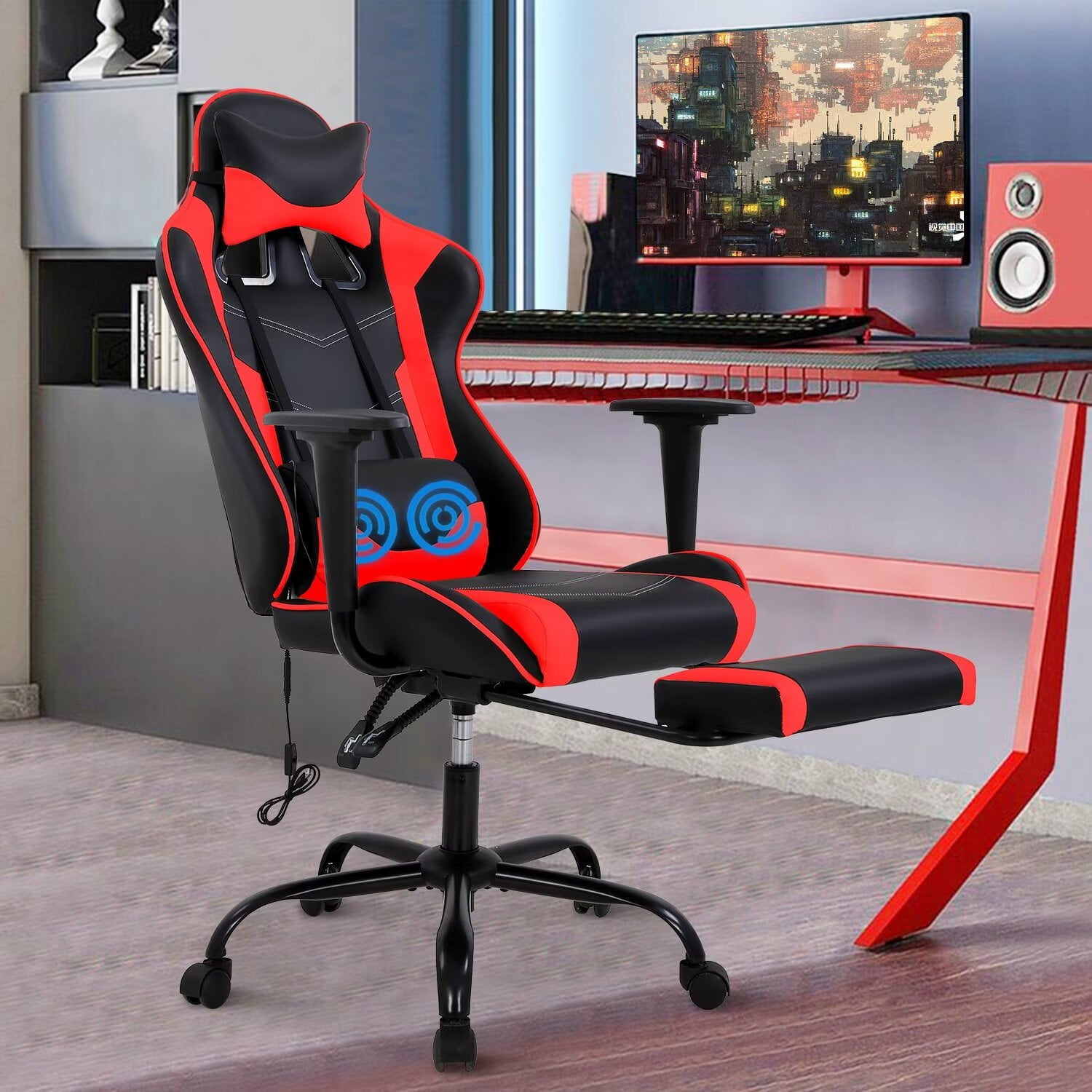 YRLLENSDAN Adjustable Office Chair with Lumbar Support, Reclining Gaming Chair with Massager, Ergonomic High Back Computer Chair with Footrest and Lumbar Support, White