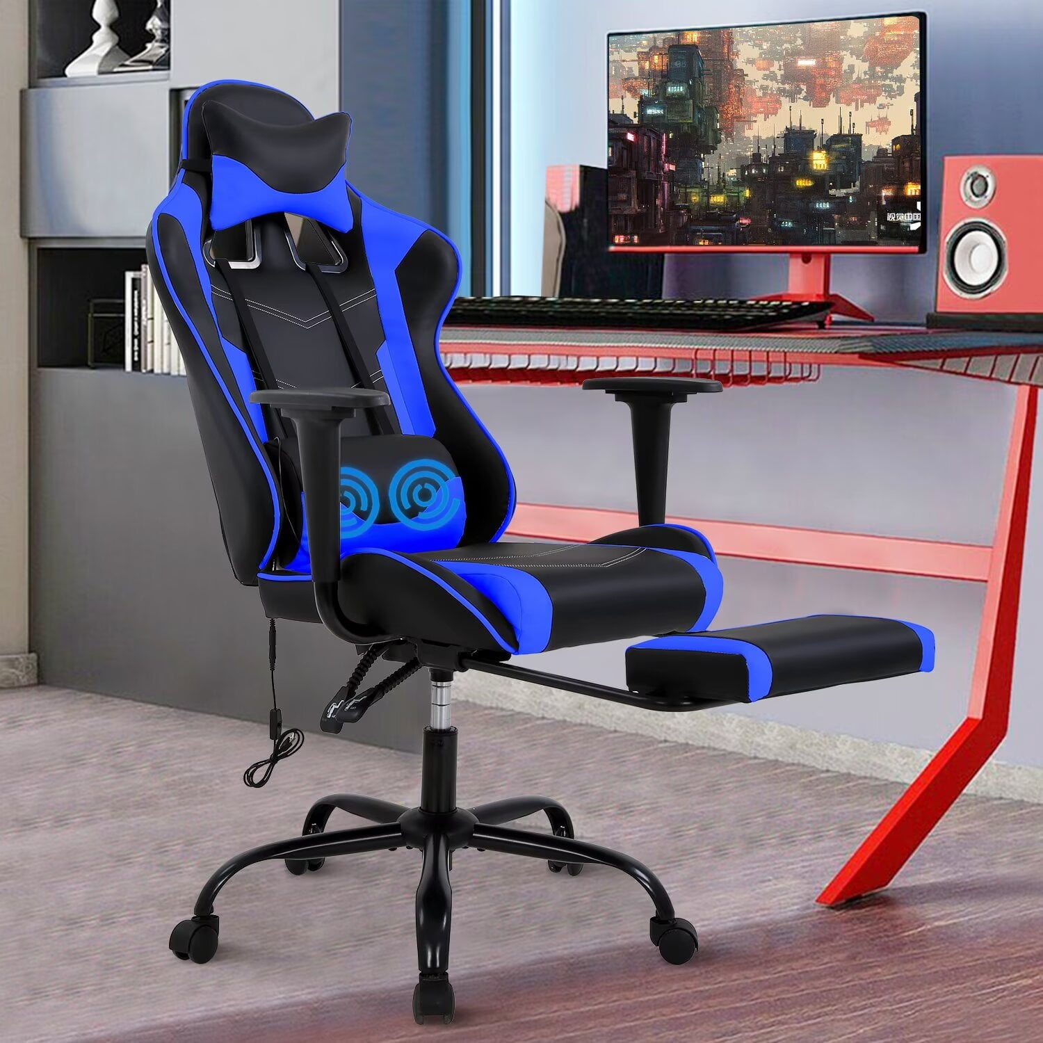 YRLLENSDAN Adjustable Office Chair with Lumbar Support, Reclining Gaming Chair with Massager, Ergonomic High Back Computer Chair with Footrest and Lumbar Support, White
