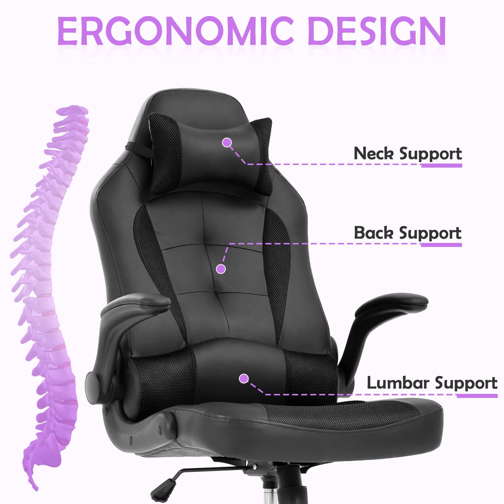 CL.HPAHKL Gaming Chair, Office Chair Video Game Chair for Adults Ergonomic PU Leather Gaming Office Chair Adjustable Armrest PC Gamer Chair (Black)