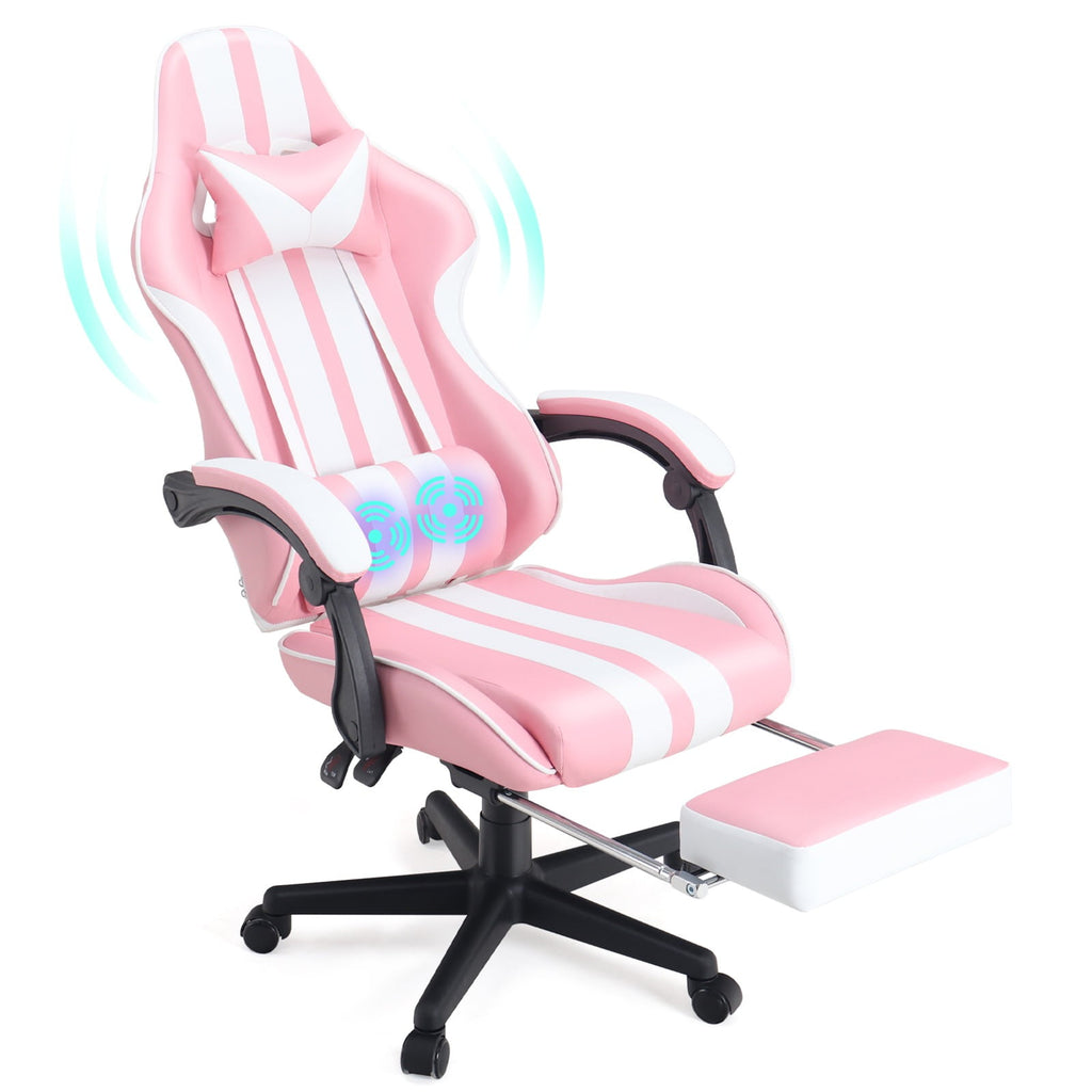 SOONTRANS Gaming Chair Office Chair with Footrest, Ergonomic Massage Chair with Lumbar Pillow, Headrest for Adults Teens, Pink