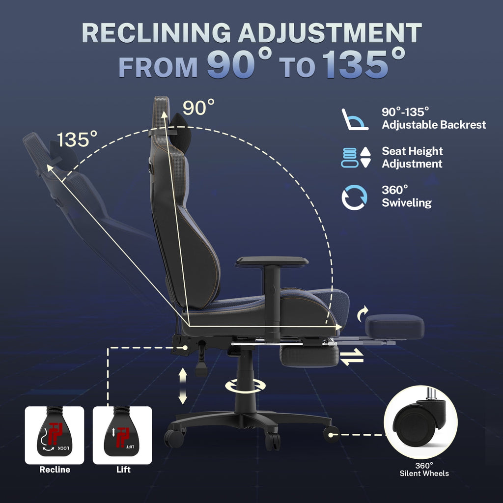 Luxvie Gaming Chair with Footrest Ergonomic Office Chair with Massage Lumbar Support & Headrest High Back Computer Game Chair for Adults and Kids, Blue