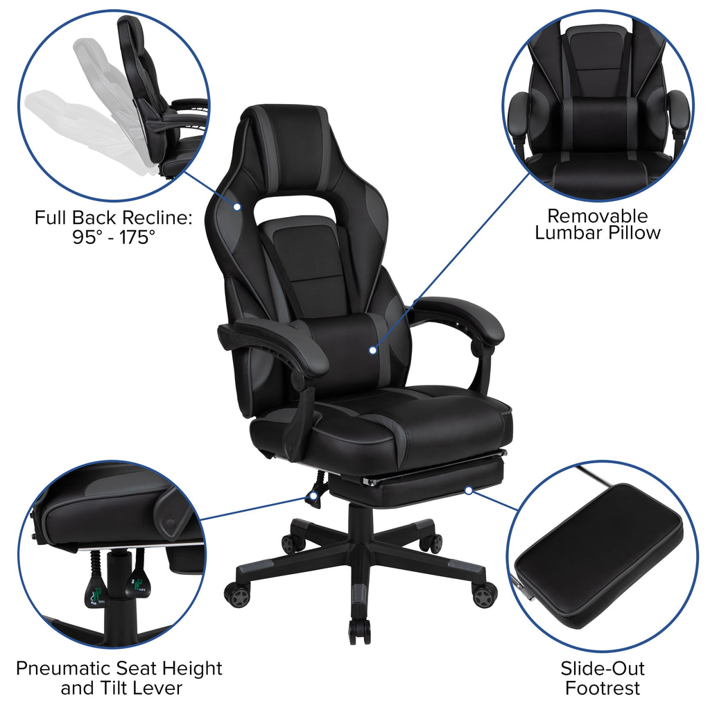 Emma + Oliver Black/Black Gaming Desk Set - Cup/Headset Holder/Reclining & Footrest