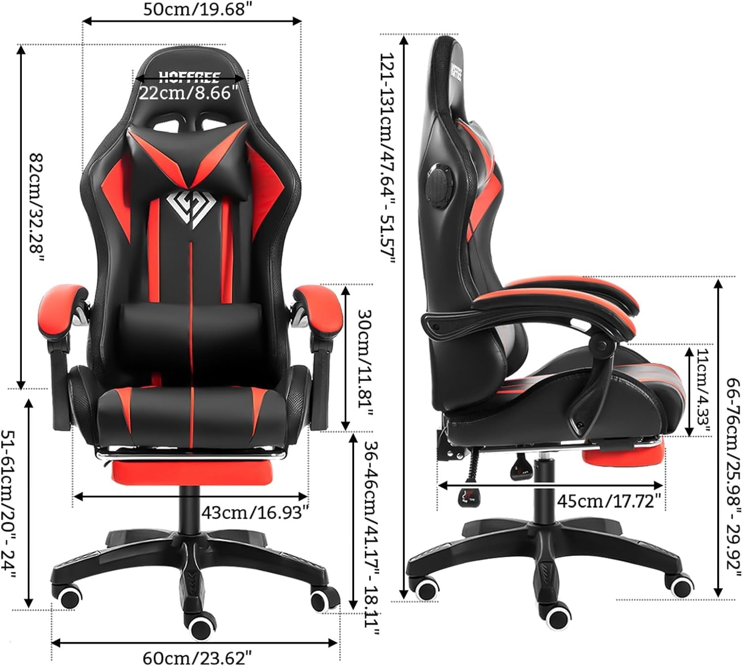 HOFFREE RGB Gaming Chair with Speakers Massage Computer Gaming Chair with LED Lights and Footrest High Back Video Game Chair for Adults Red and Black