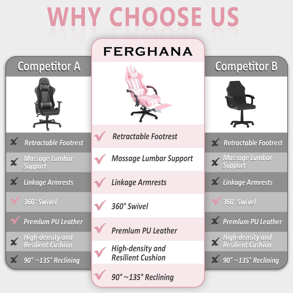 SOONTRANS Gaming Chair Office Chair with Footrest, Ergonomic Massage Chair with Lumbar Pillow, Headrest for Adults Teens, Pink