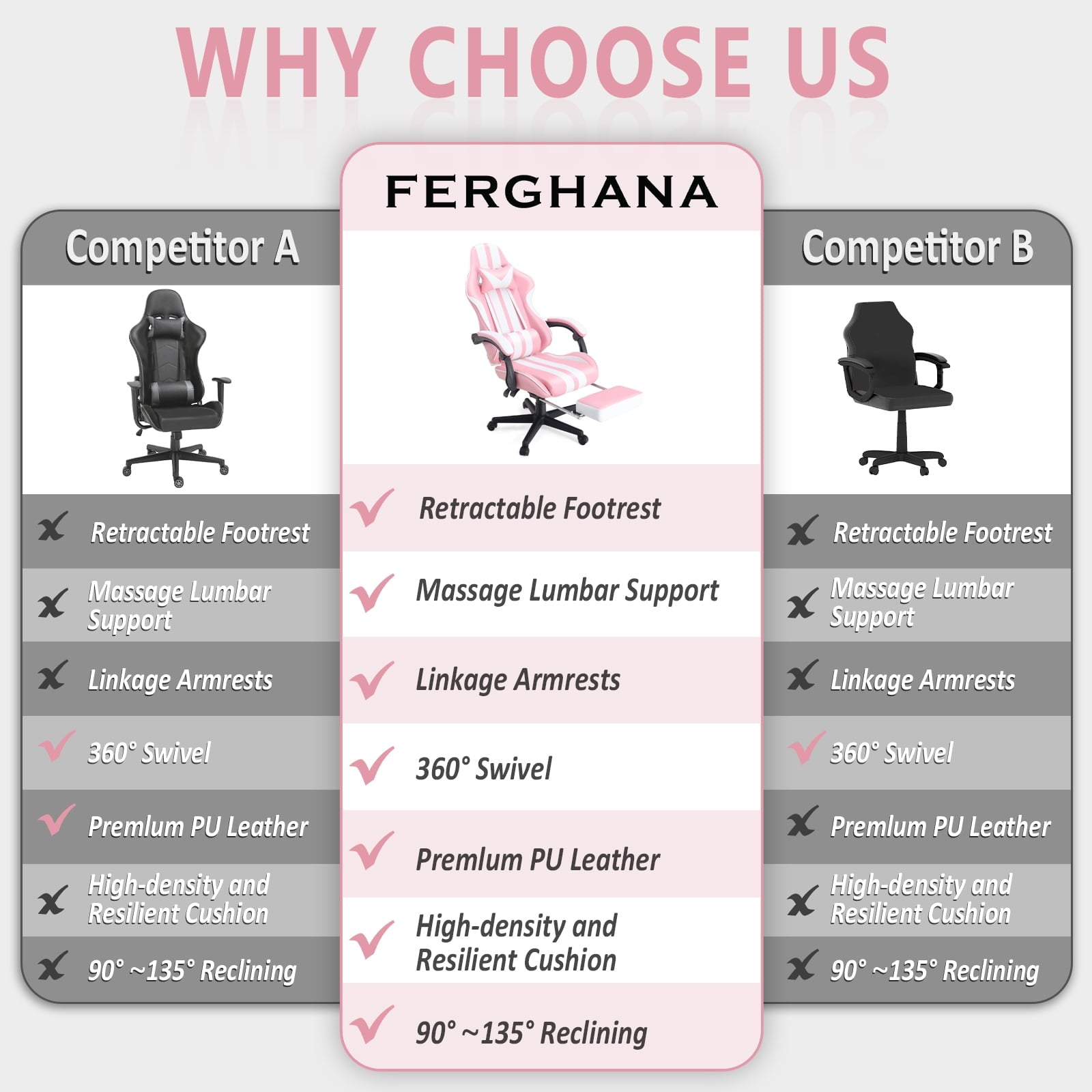 SOONTRANS Gaming Chair Office Chair with Footrest, Ergonomic Massage Chair with Lumbar Pillow, Headrest for Adults Teens, Pink