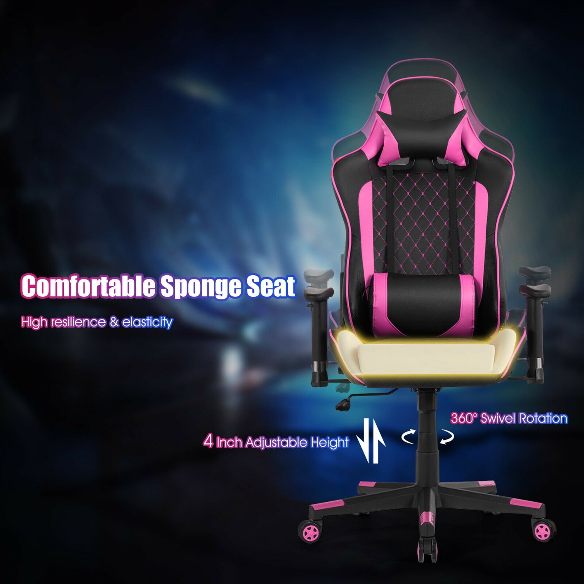 Gymax Gaming Desk&Massage Gaming Chair Set w/Headphone Hook & Game Storage Pink